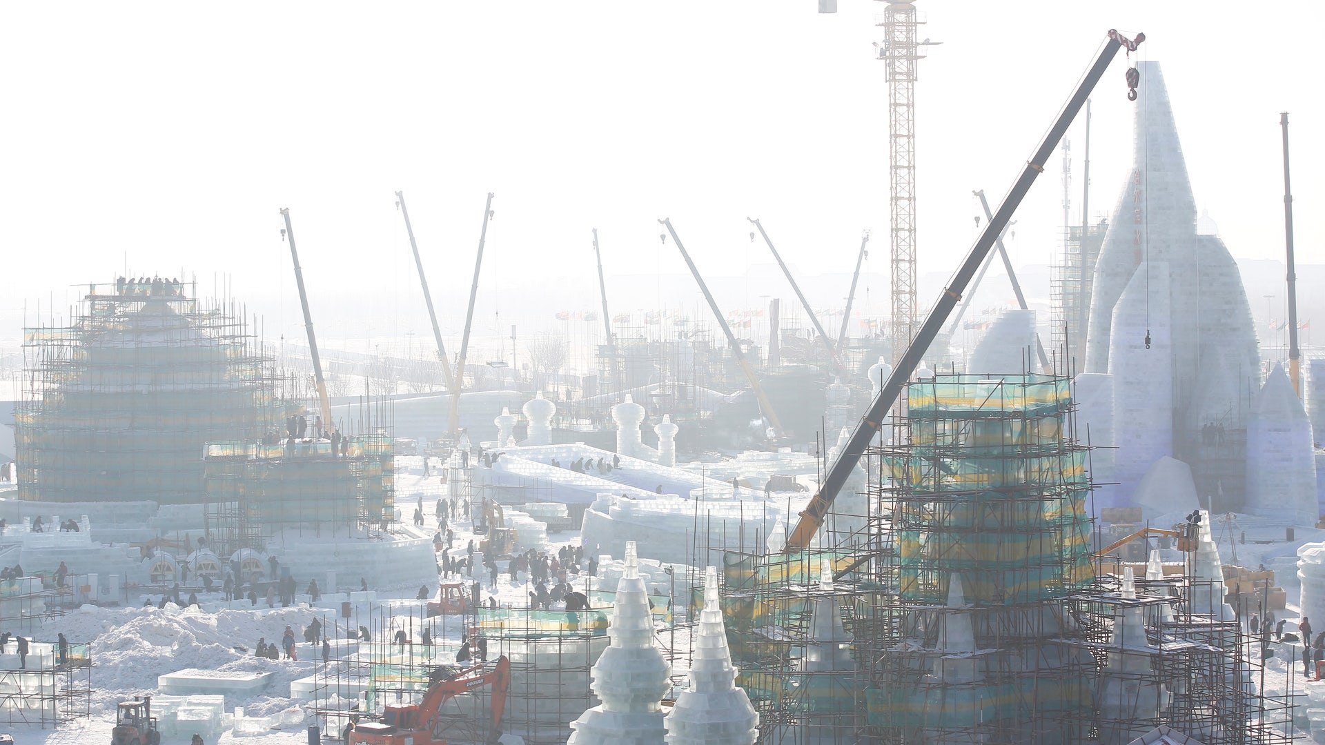 Preparing ice and snow sculptures. 