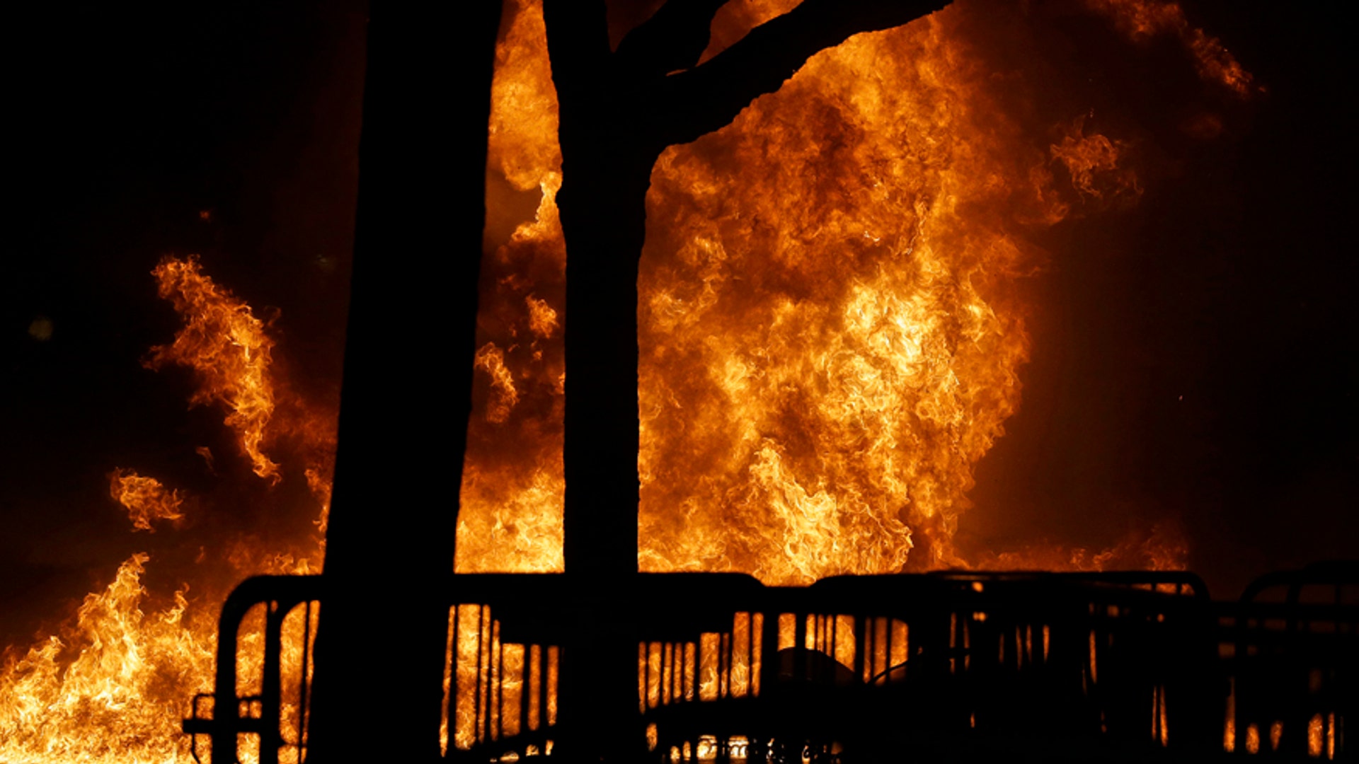Fire burns on Sproul Plaza on the University of California at Berkeley campus.