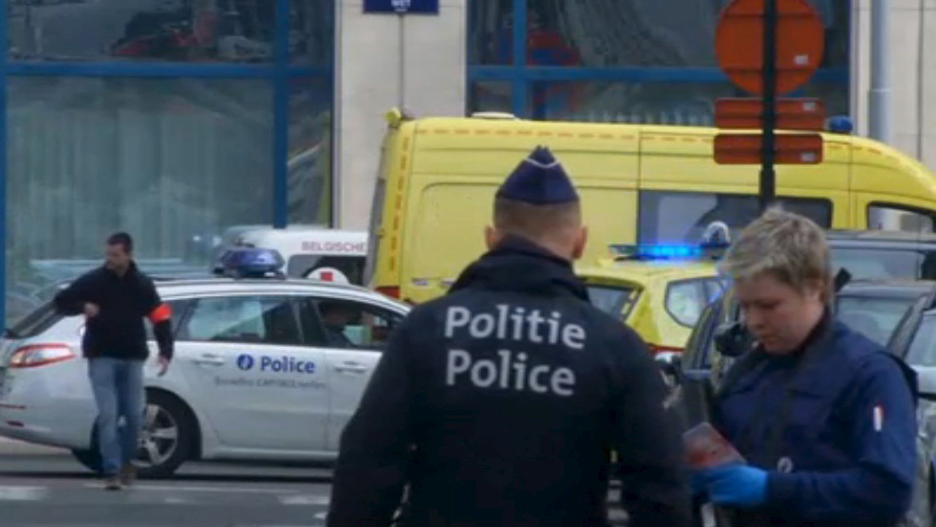 Emergency personnel are seen in this still image taken from video on March 22, 2016.