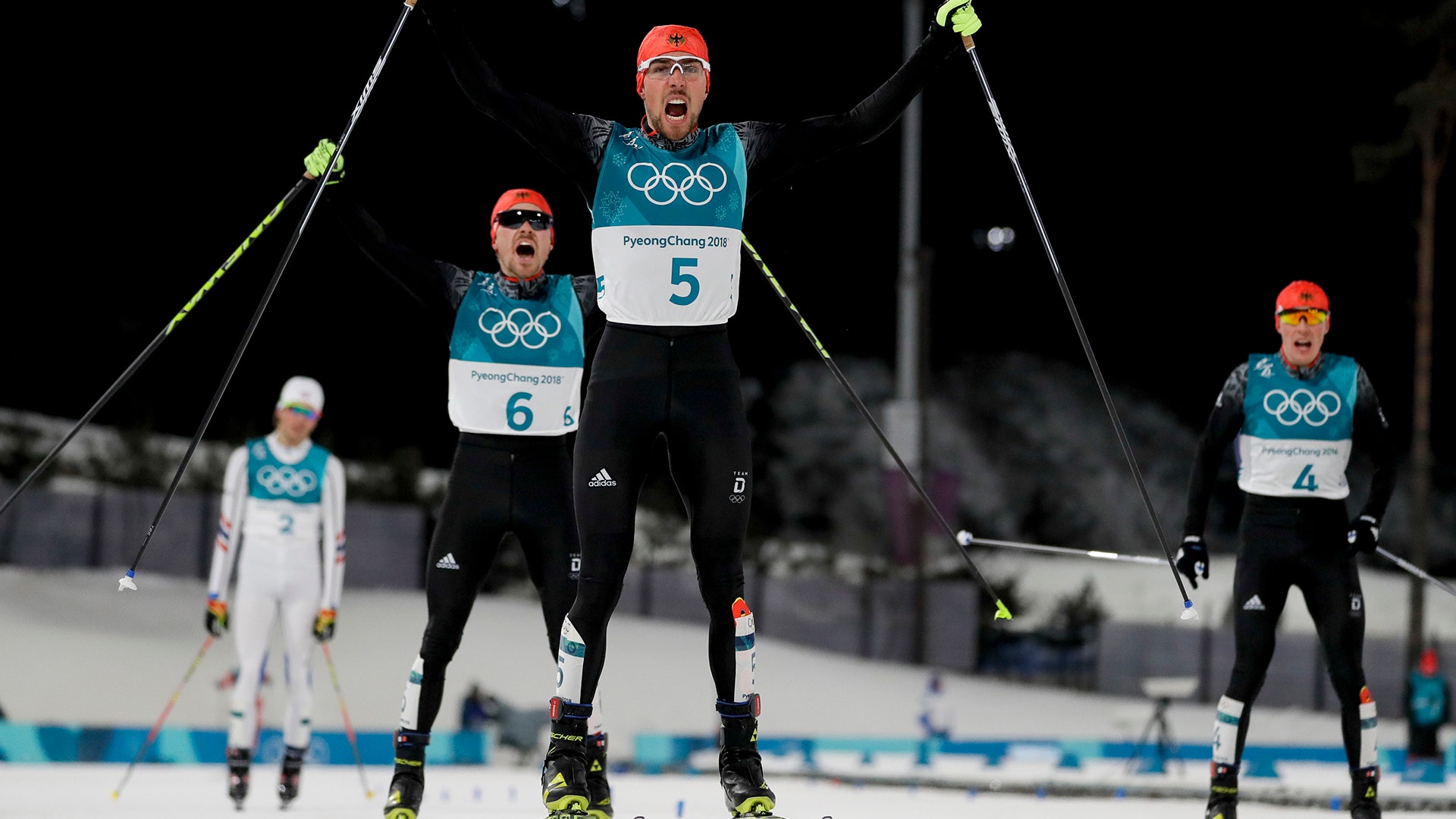 Johannes Rydzek of Germany, winning the gold medal during the men's 10km cross-country skiing competition at the Winter Olympics