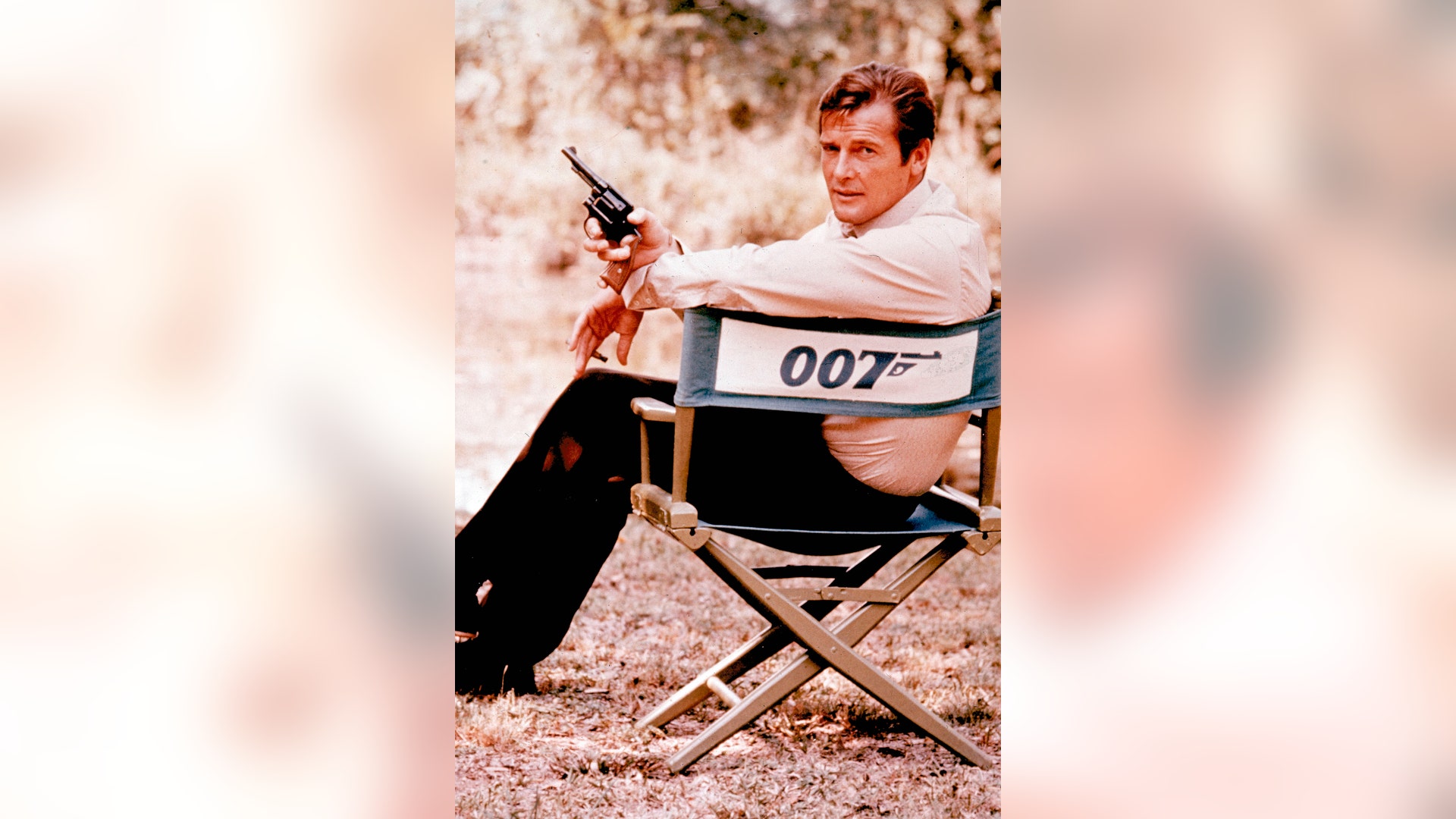 Moore on location in England while filming the title role of secret service agent 007, James Bond in 1972