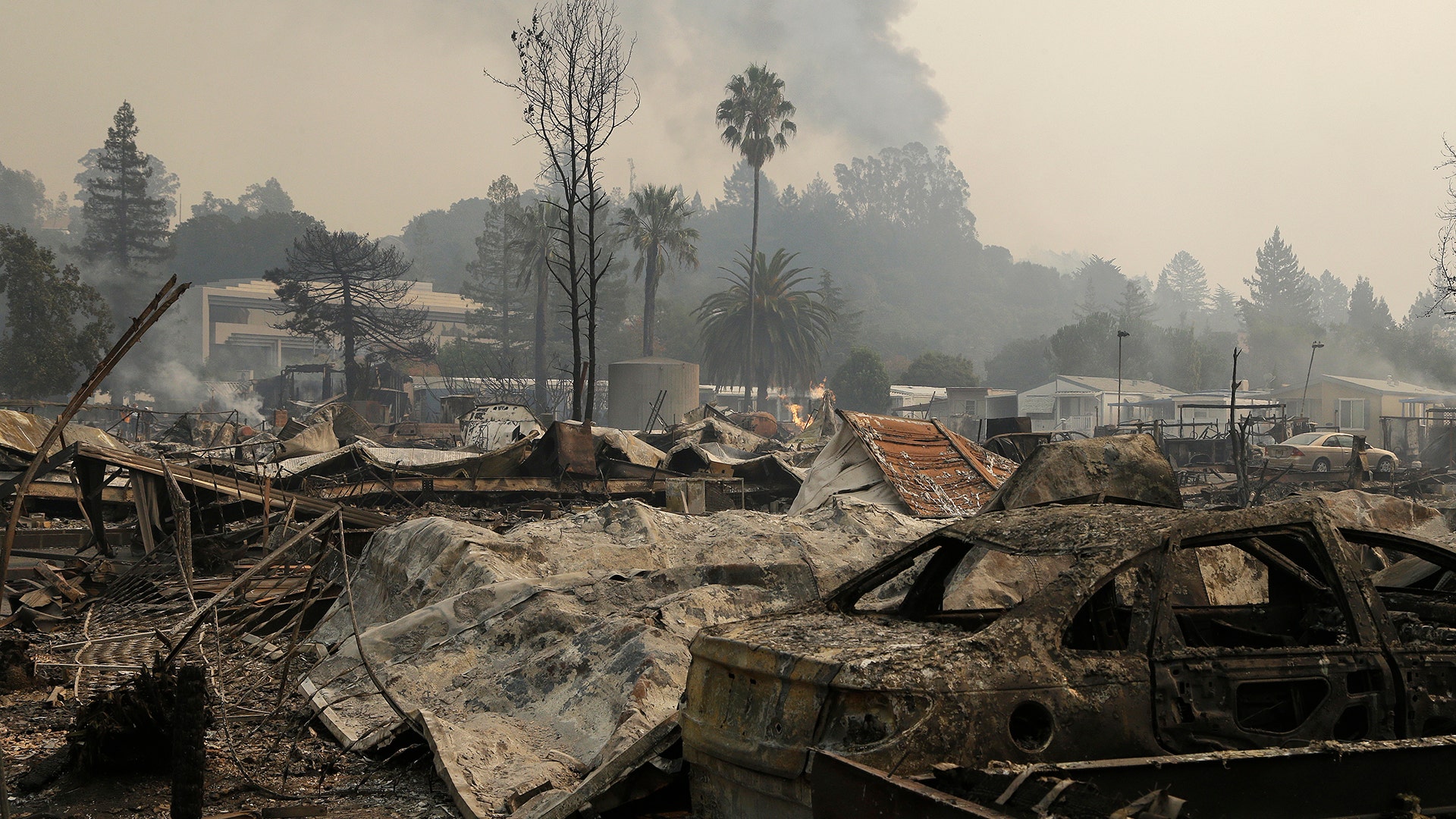 Remains from a wildfire sit at the Journey's End mobile home park, Oct. 9, 2017, in Santa Rosa