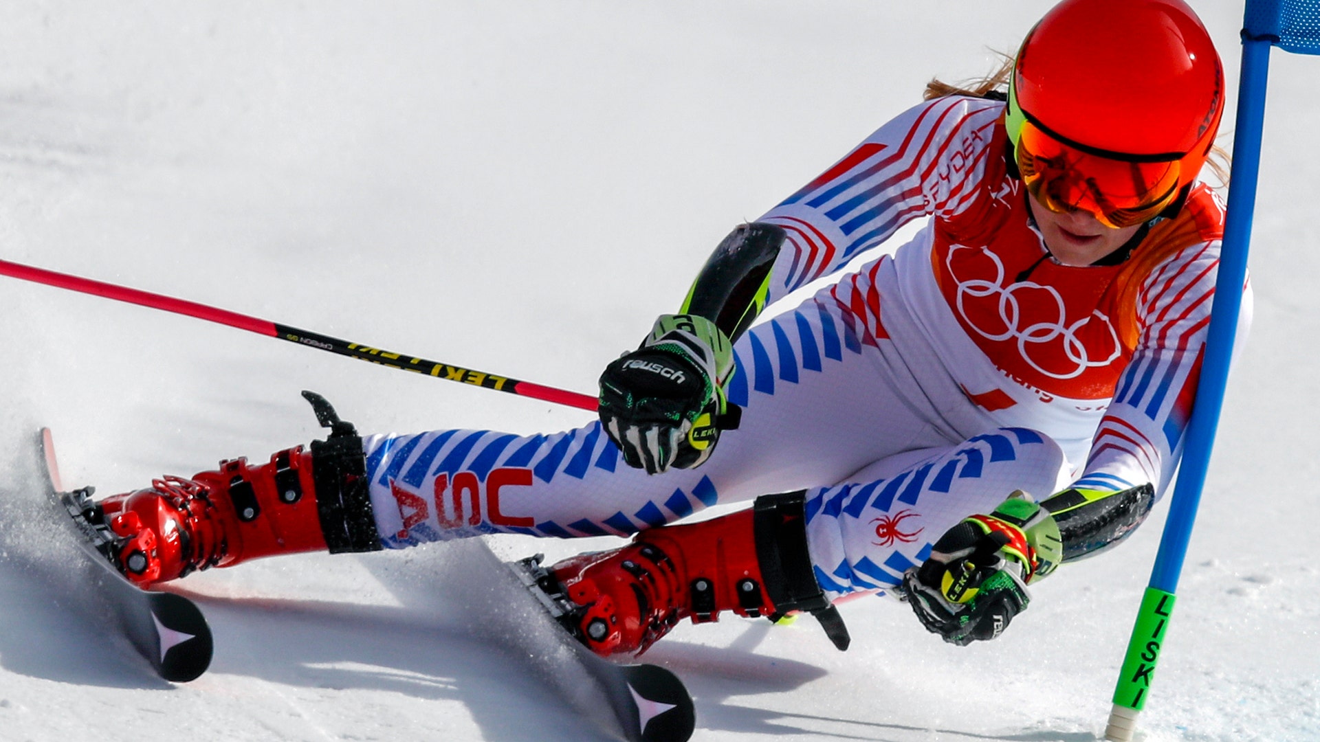 Gold medalist Mikaela Shiffrin of the United States races in the women's giant slalom at the 2018 Winter Olympics, February 15, 2018