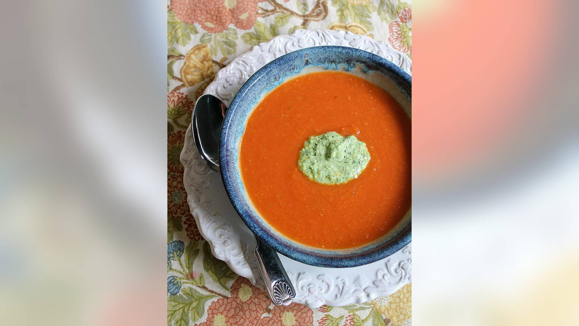 Chilled Tomato Vodka Soup with Pesto Cream