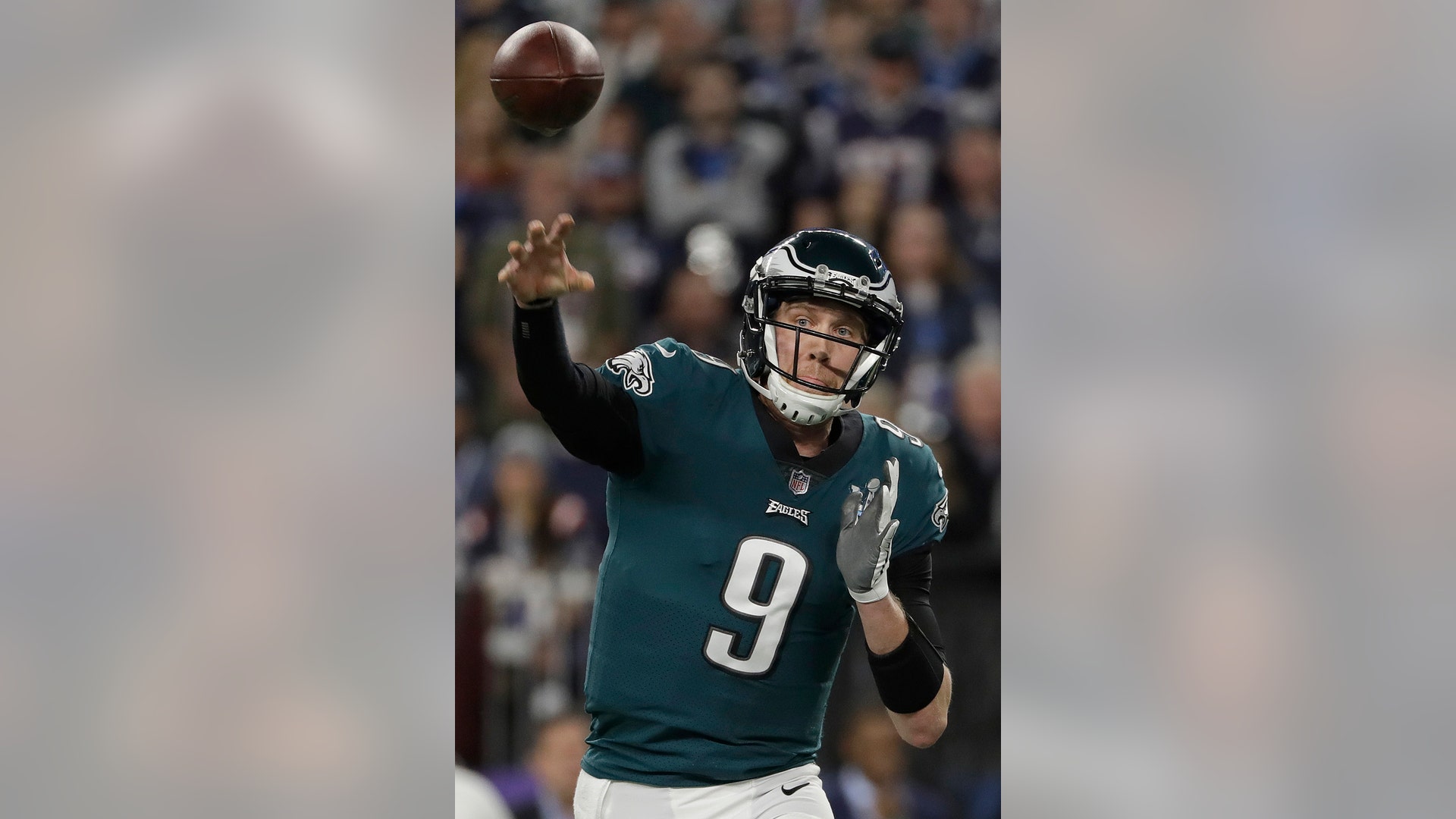 Philadelphia Eagles quarterback Nick Foles throws during the second half of Super Bowl 52