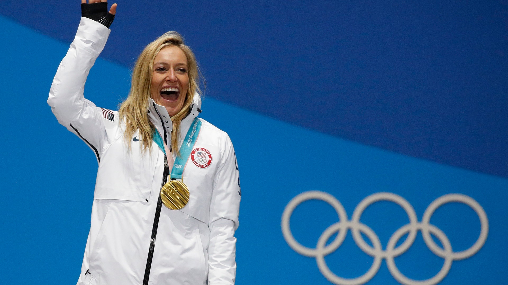 Women's slopestyle gold medalist Jamie Anderson of the United States during the medals ceremony in Pyeongchang, February 12, 2018