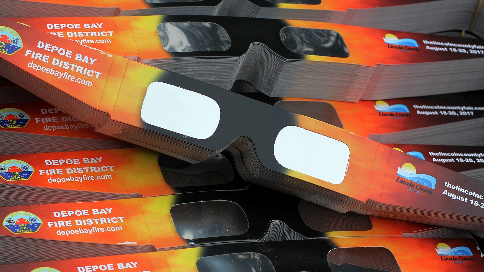 Solar eclipse glasses that will be handed out by the community are pictured in Depoe Bay, Oregon, August 8