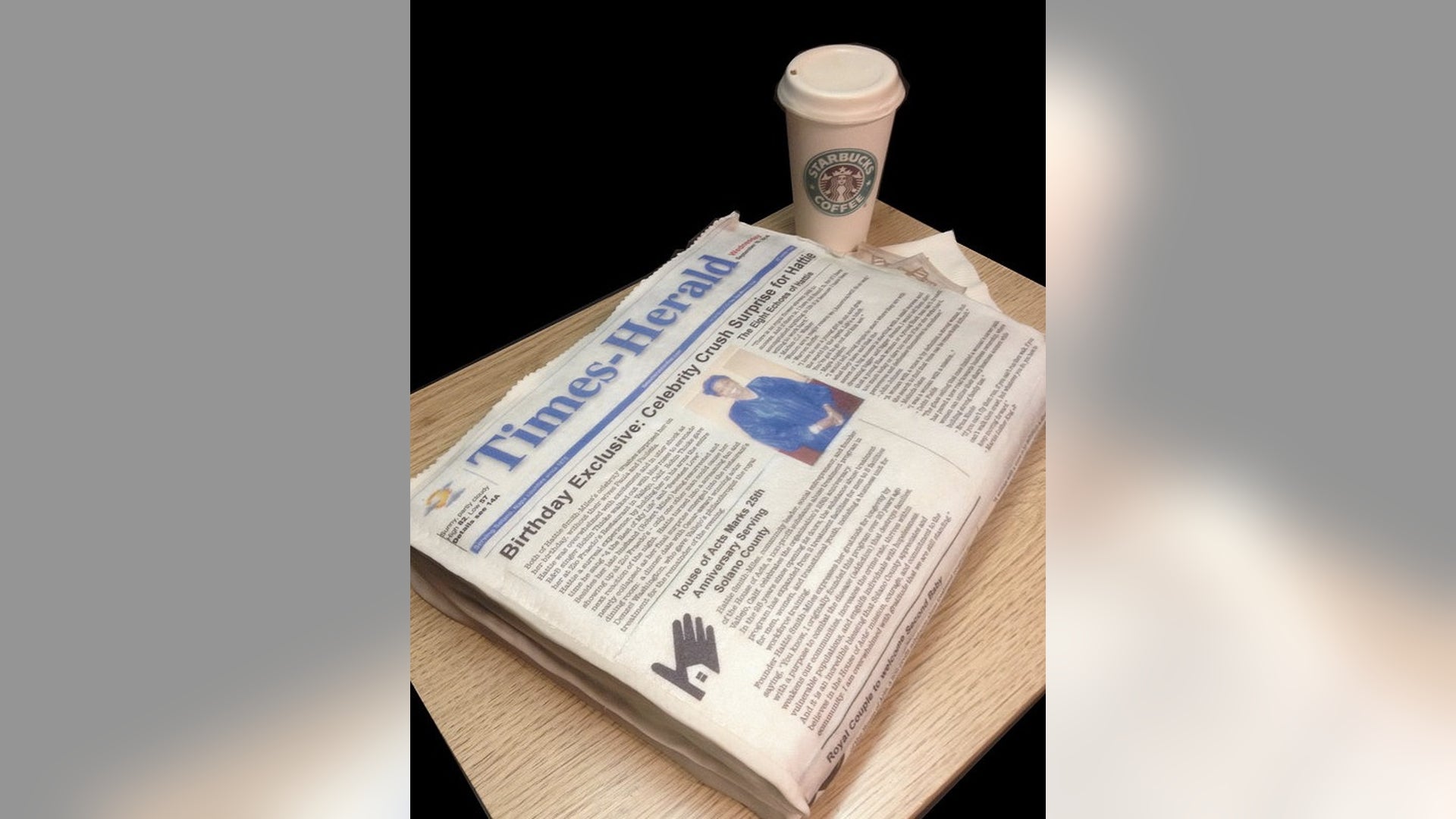 Custom newspaper cake with edible coffee cup