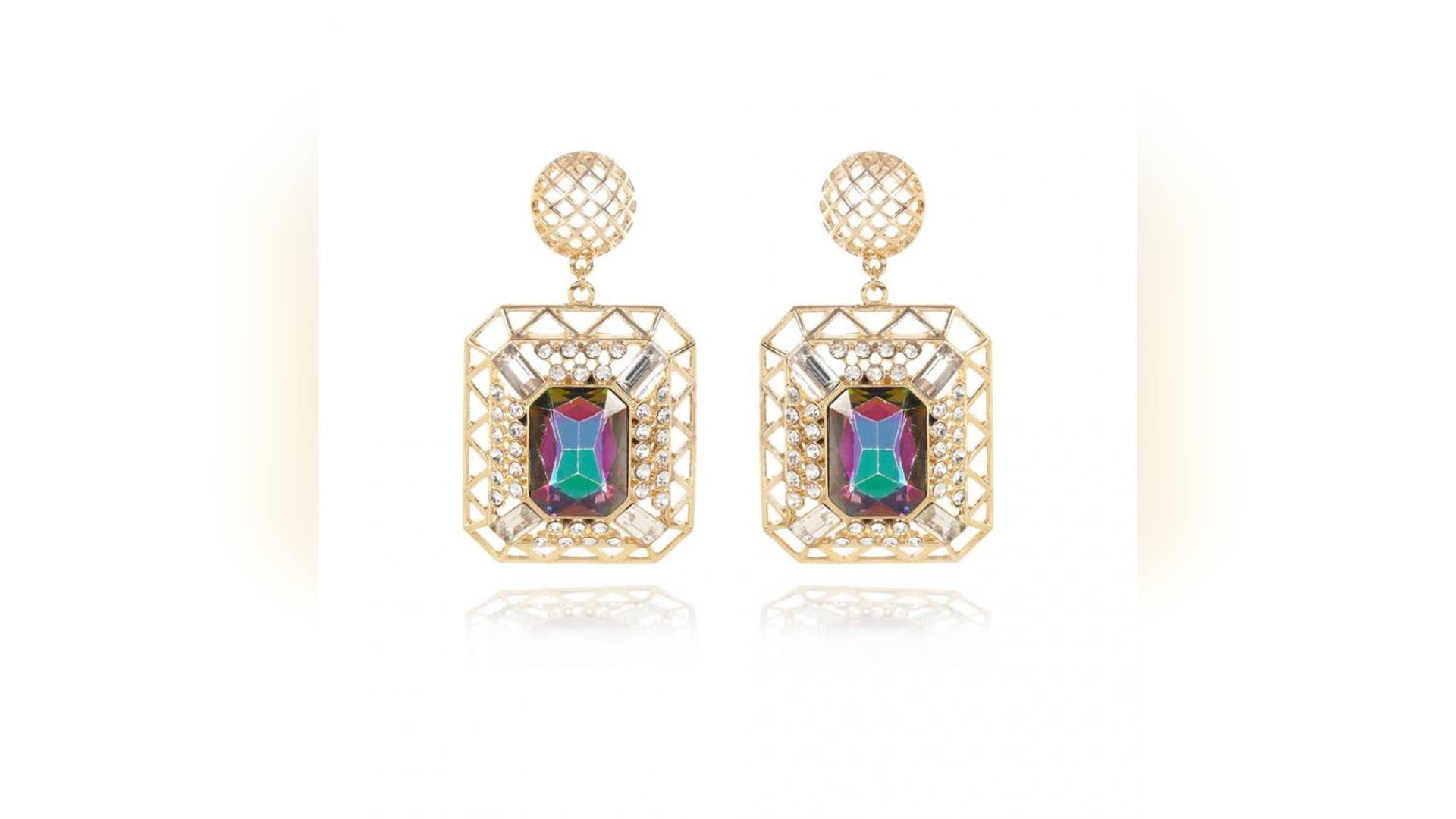Gold Tone Gem Stone Oversized Earrings