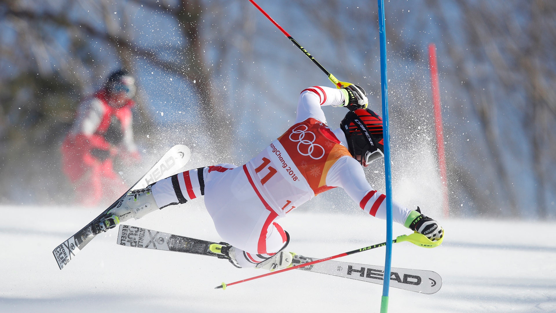 Matthias Mayer of Austria crashes during the men's alpine combined race at the Pyeongchang 2018 Winter Olympics