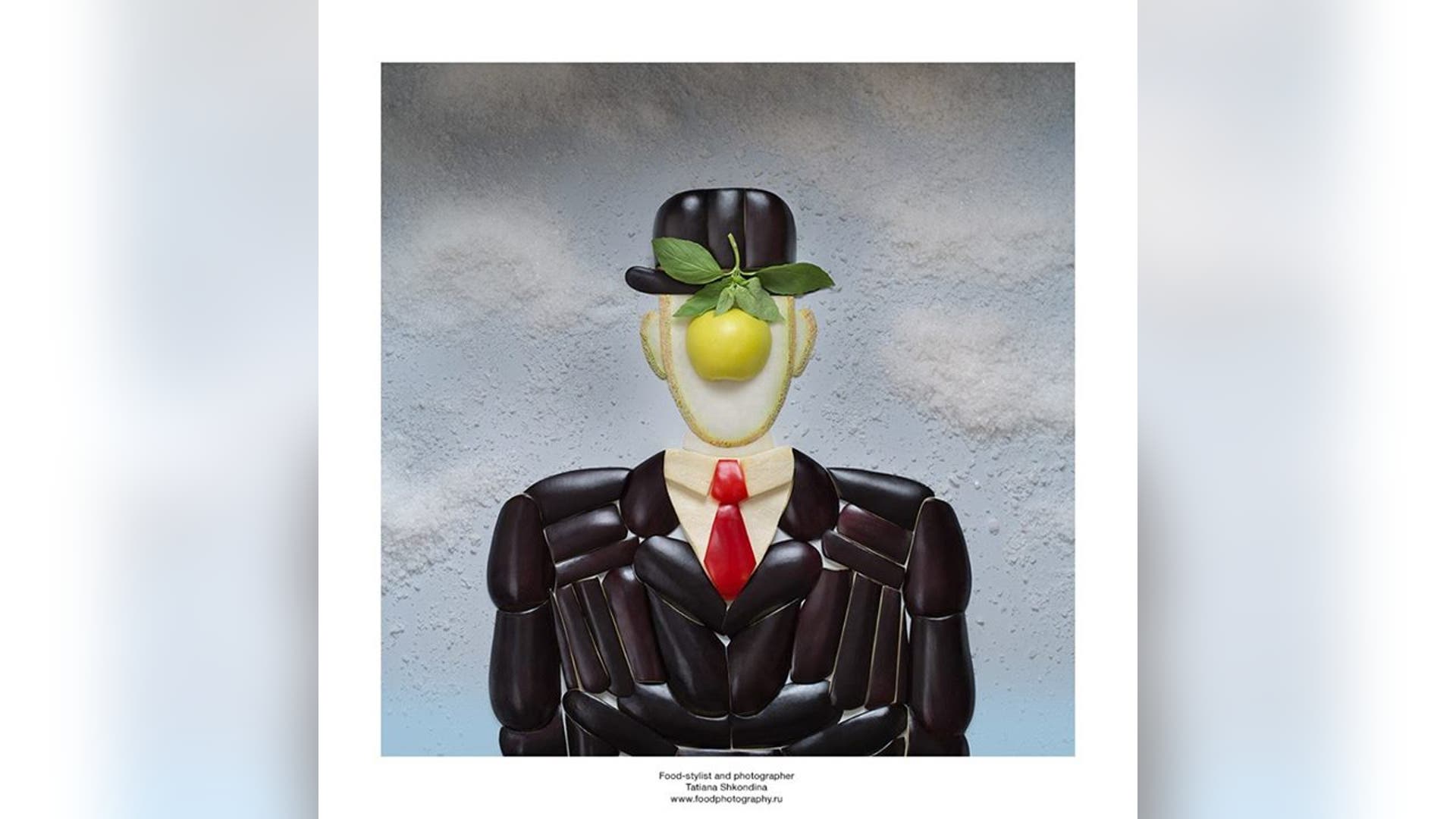 This surrealist self-portrait is strikingly close to the original painting. Shkondina utilized deep purple eggplant for the man's suit, red apple for the tie, and a green apple to represent...the green apple.