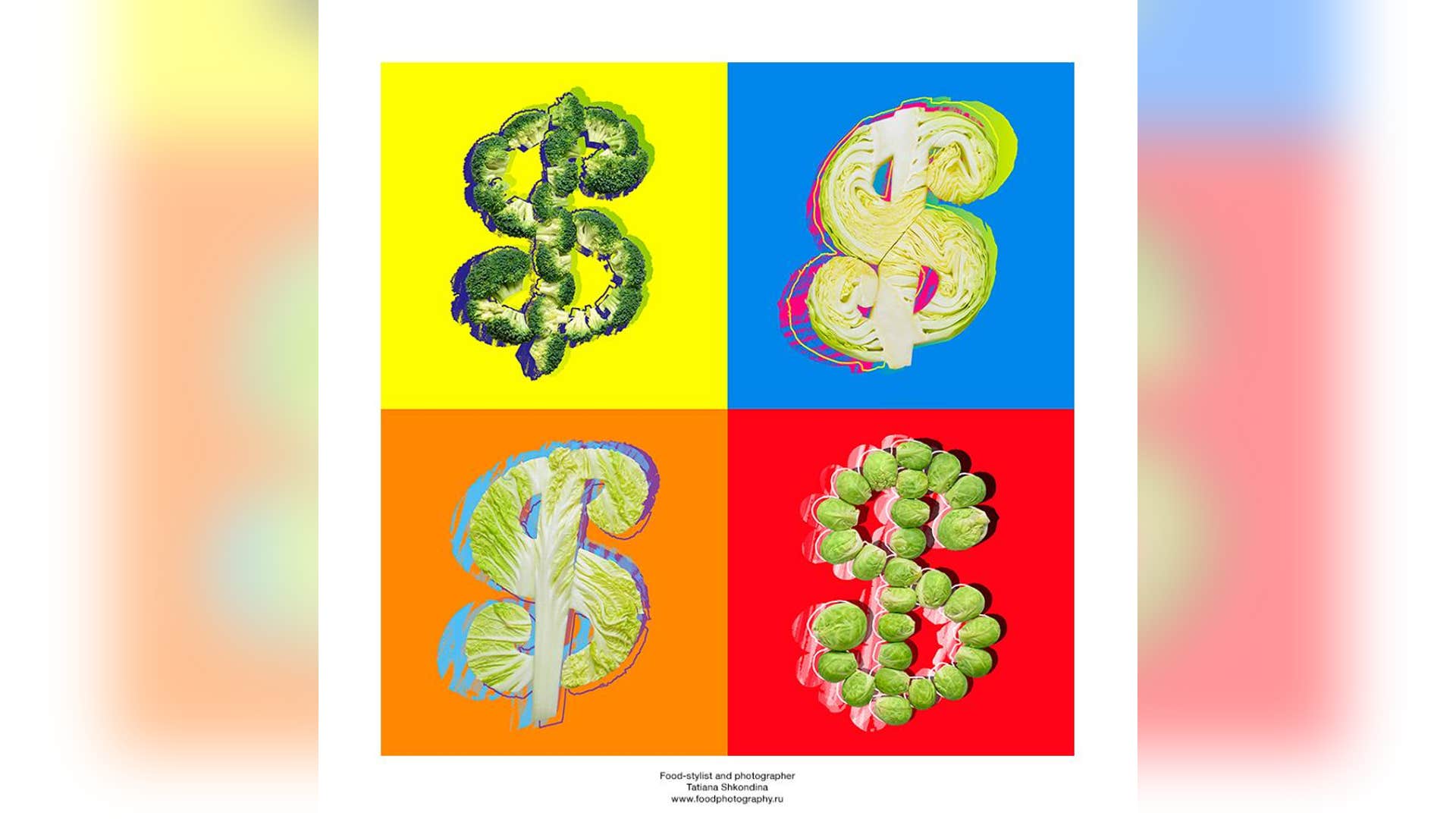 Cabbage, broccoli and Brussel sprouts are green-- just like the color of money. This bright, almost fluorescent, composition is a beautiful homage to the contemporary artist who never shied away from being bold. 