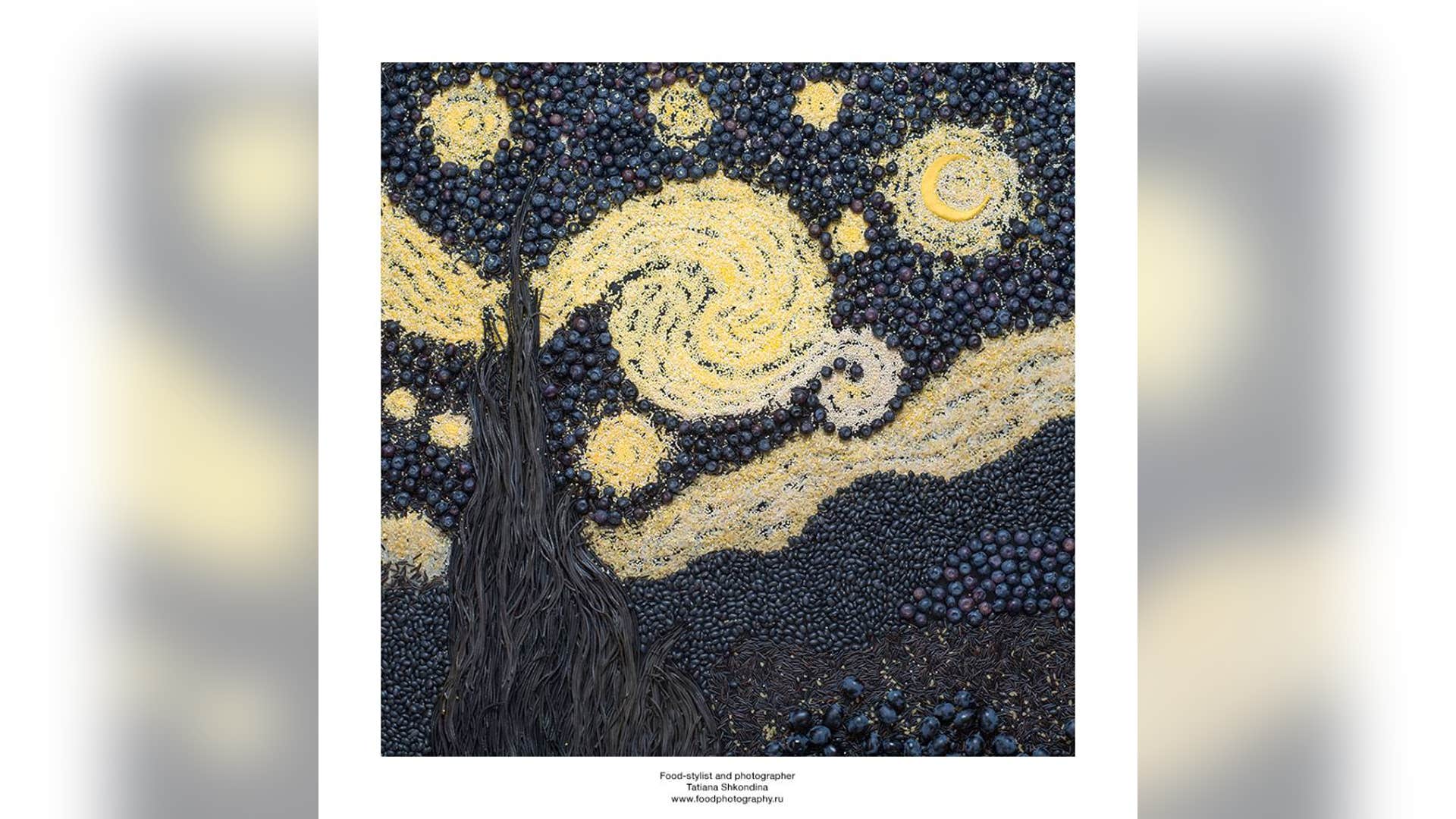 Look closely and you'll find a range of delicious goodies amidst the dark sky: blueberries, black beans, wild rice and more. 