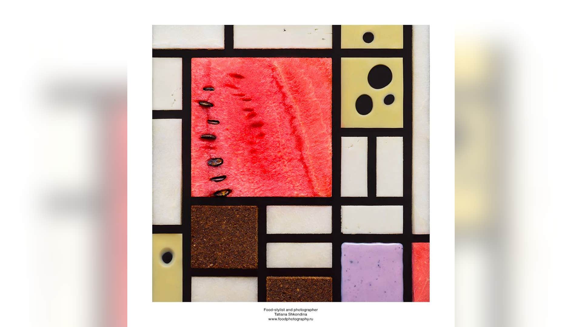 Shkondina creates a striking, geometric mosaic very reminiscent of the abstract painter's well-known style that featured straight squares and lines with watermelon, Swiss cheese, and crackers.   