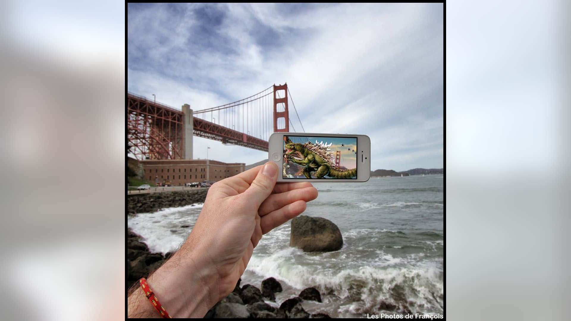 Godzilla takes on the Golden Gate Bridge, San Francisco.