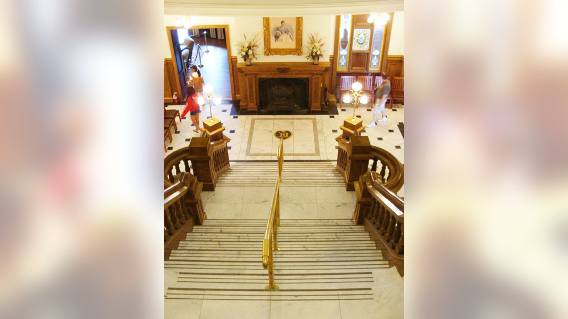 The staircase and grand hallway at Boldt Castle with Louise Boldt portrait