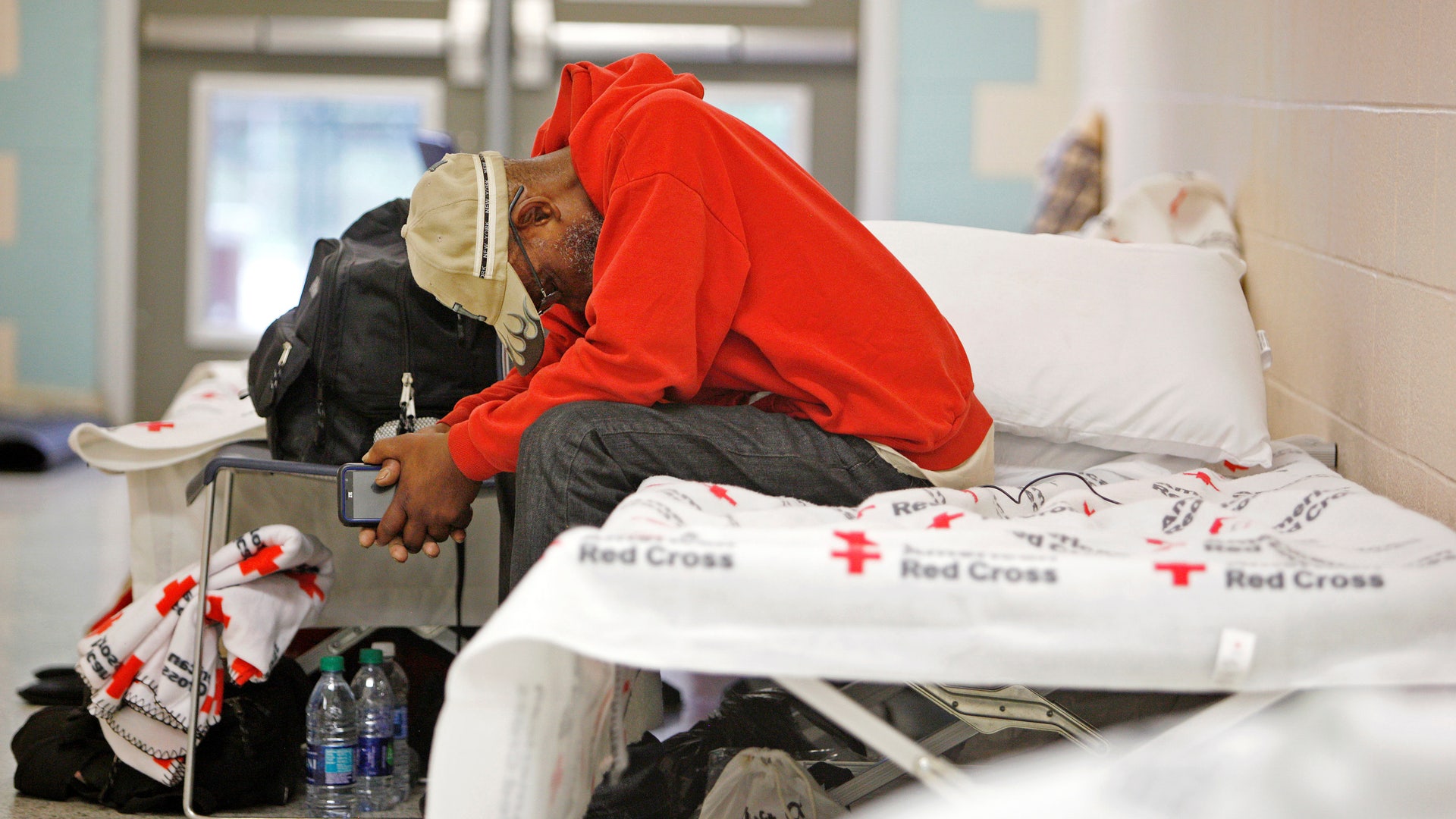 Evacuee waits out the storm