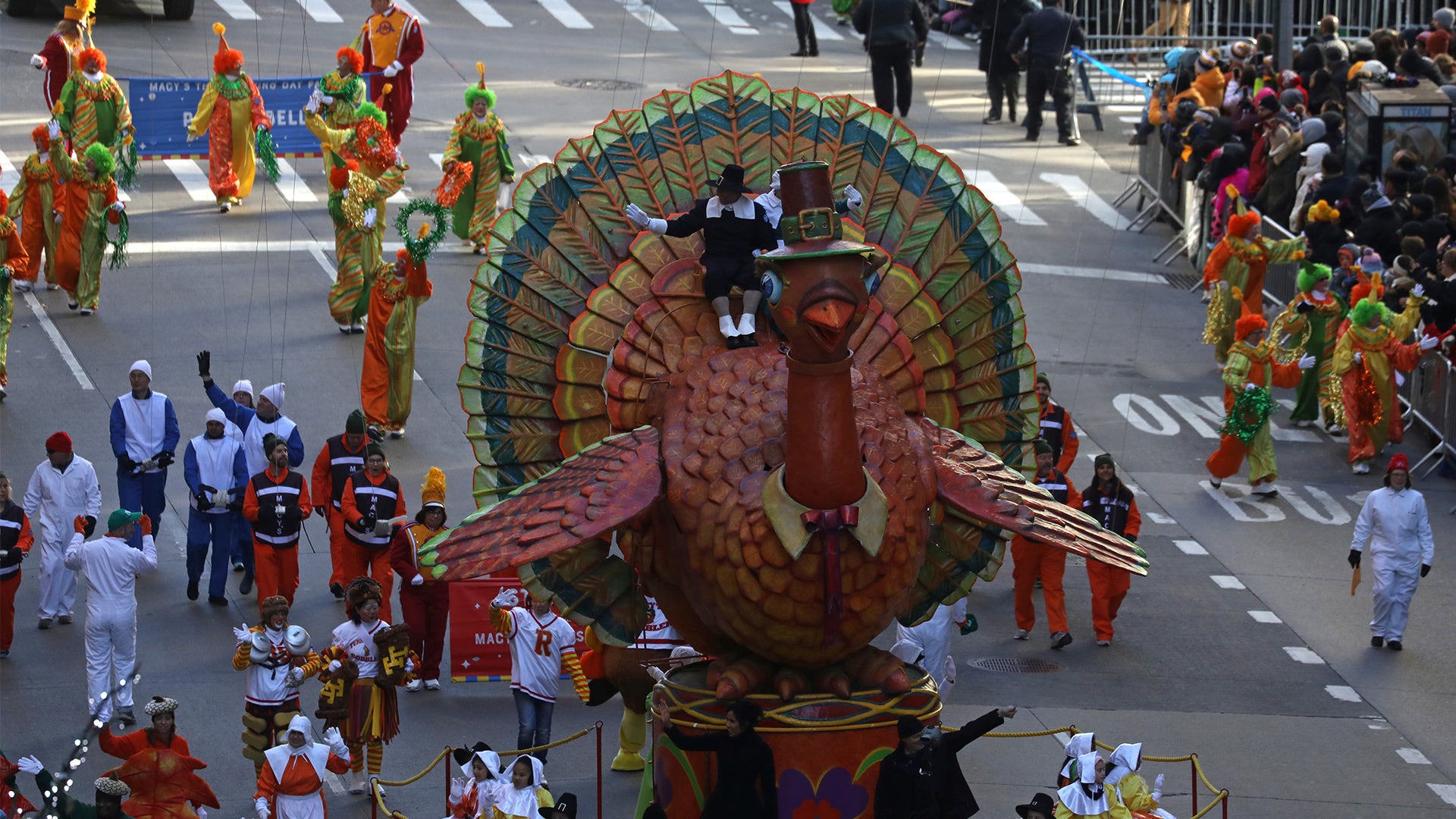 The Tom Turkey float makes its way down 6th Ave during the 91st Macy's Thanksgiving Day Parade