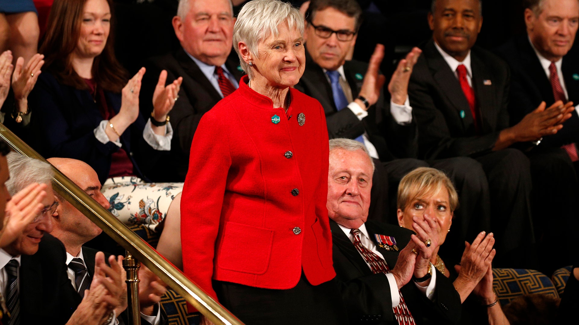 Maureen Scalia, widow of late Supreme Court Justice Antonin Scalia, acknowledges applause after being mentioned by Trump.