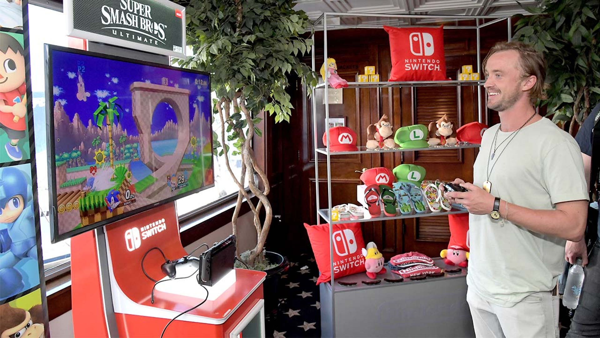 SAN DIEGO, CA - JULY 19: Tom Felton tests his skills on Super Smash Bros. Ultimate for Nintendo Switch at the Variety Studio at Comic-Con 2018 on July 19, 2018 in San Diego, California. (Photo by Charley Gallay/Getty Images for Nintendo )