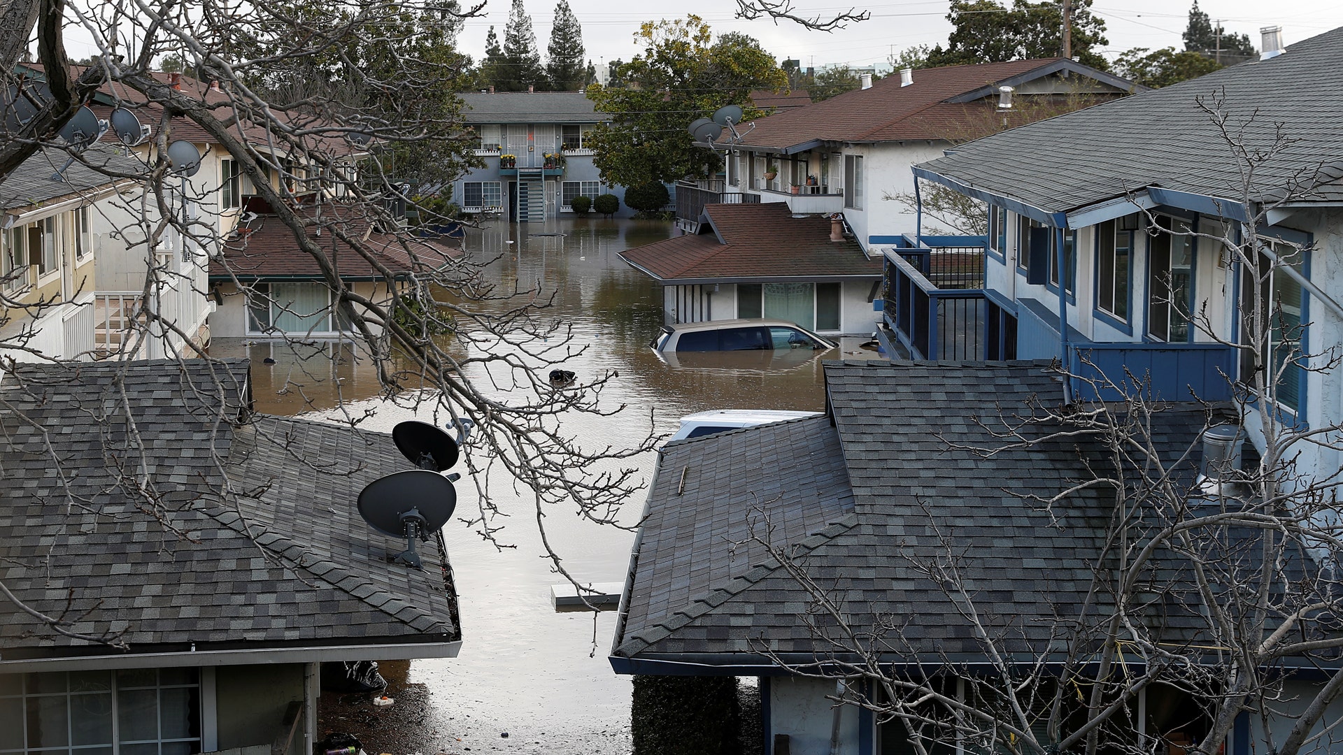 A neighborhood is seen partially submerged after heavy rains overflowed nearby Coyote Creek in San Jose, California. 
