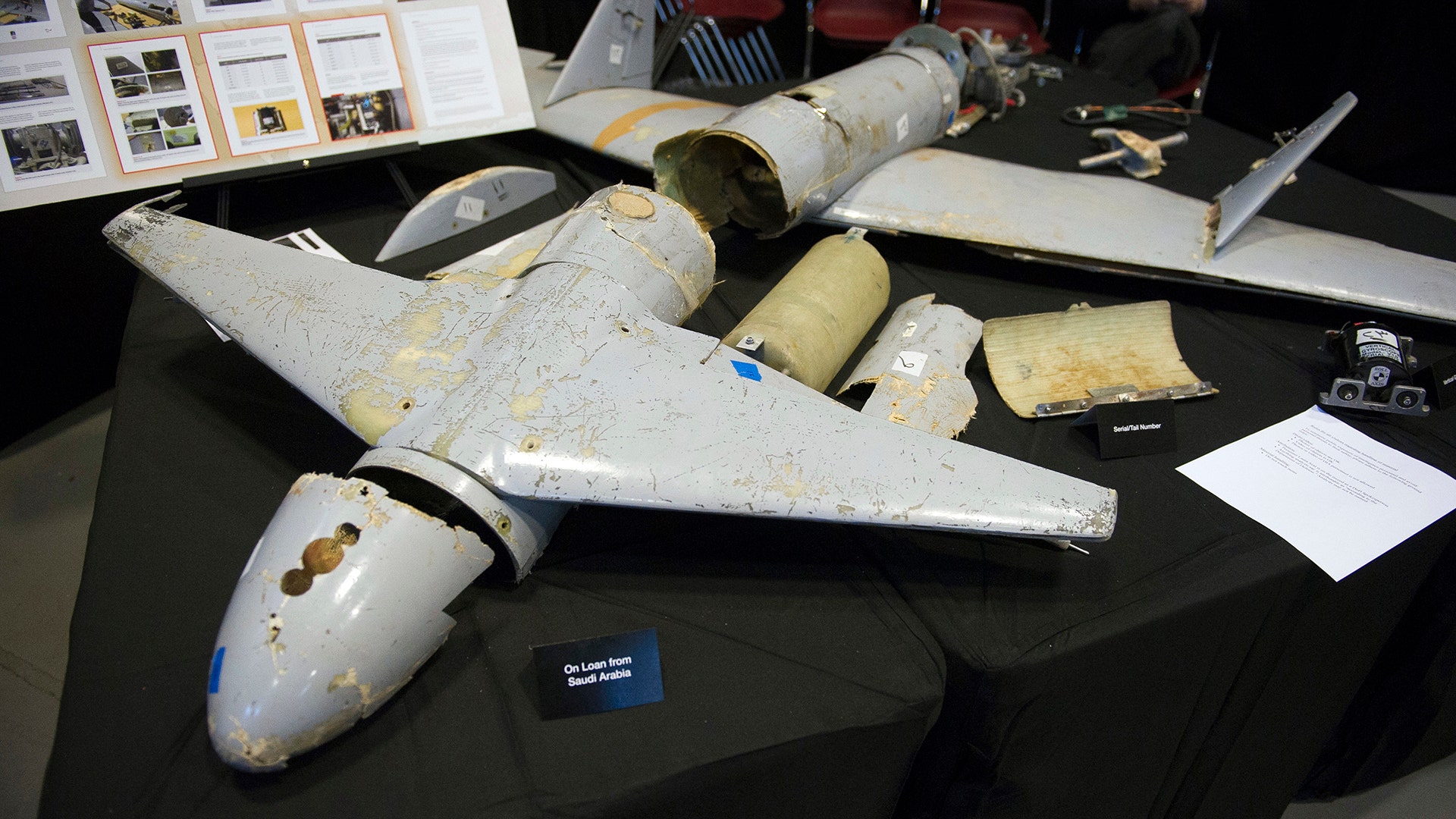 The remains of an Iranian Qasef-1 Unmanned Aerial Vehicle