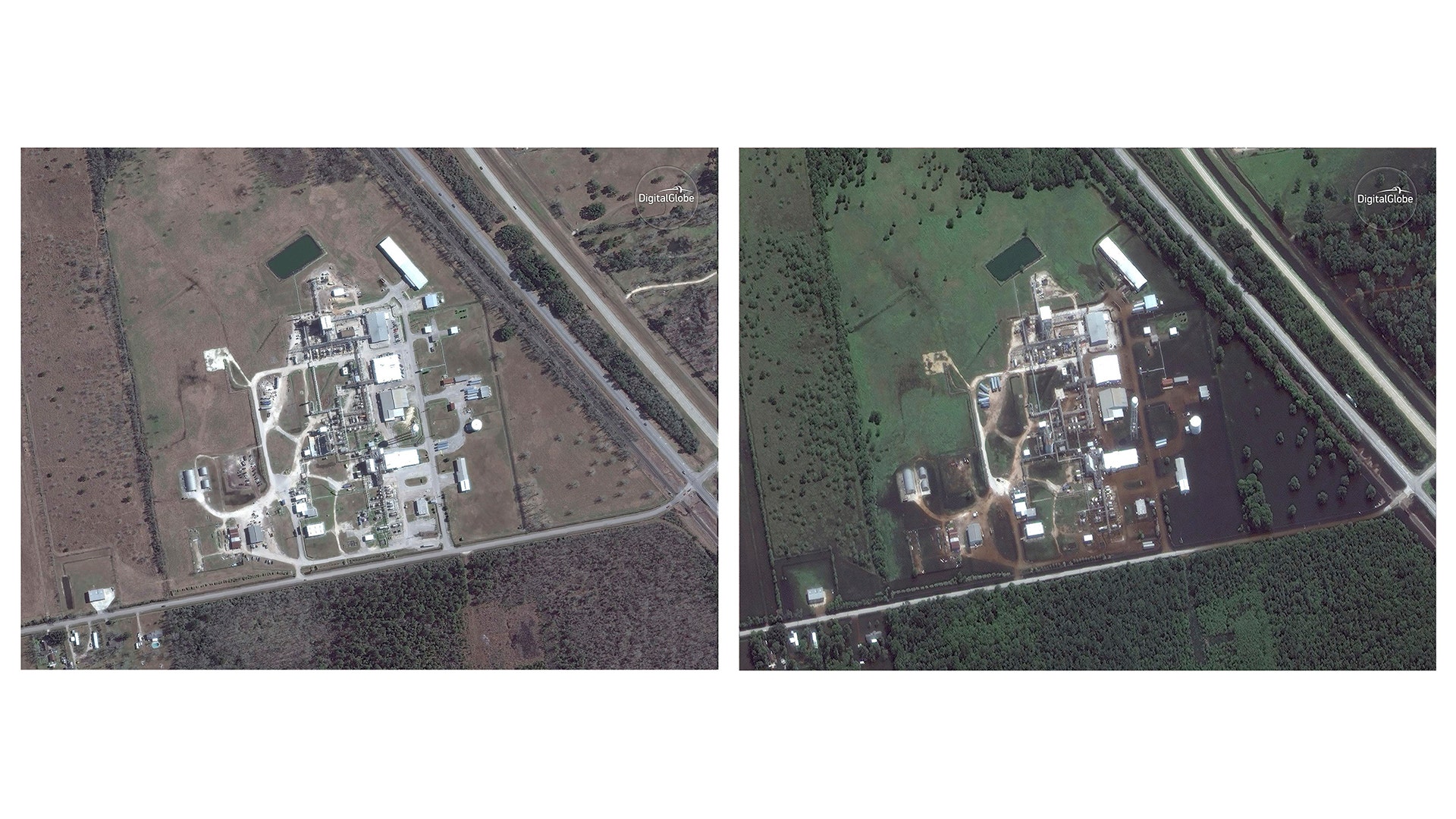 Combination satellite images show the Arkema Inc. chemical plant in Crosby, Texas, on Jan. 29, and Aug. 31