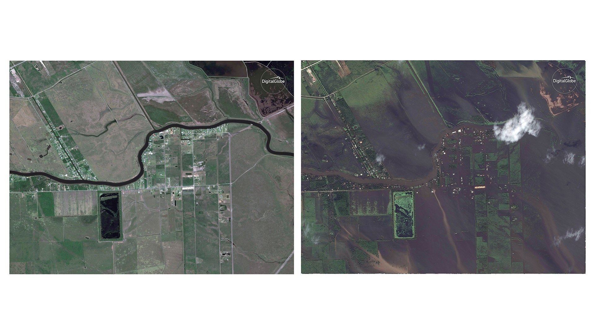 Combination satellite images show Angleton, Texas, on April 6, and Aug. 30
