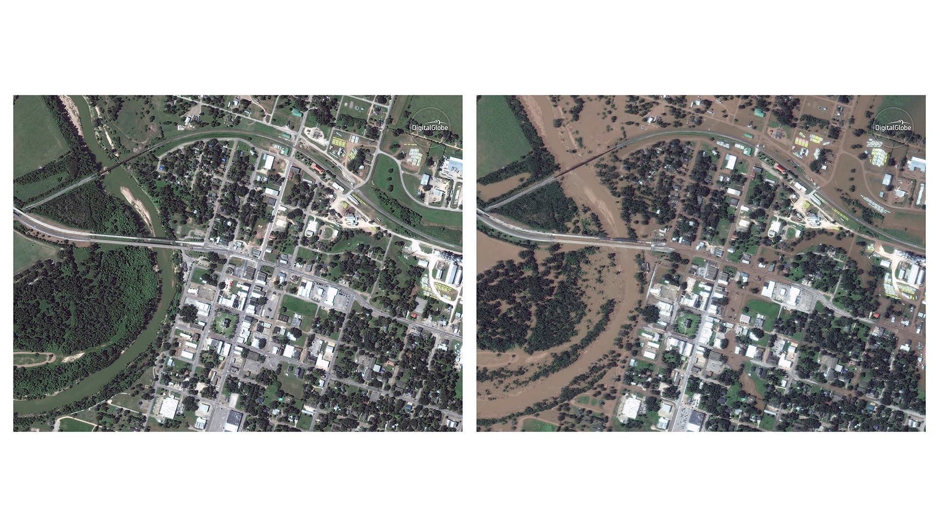 Combination satellite images show Wharton, Texas, on Oct. 9, 2016 and Aug. 30