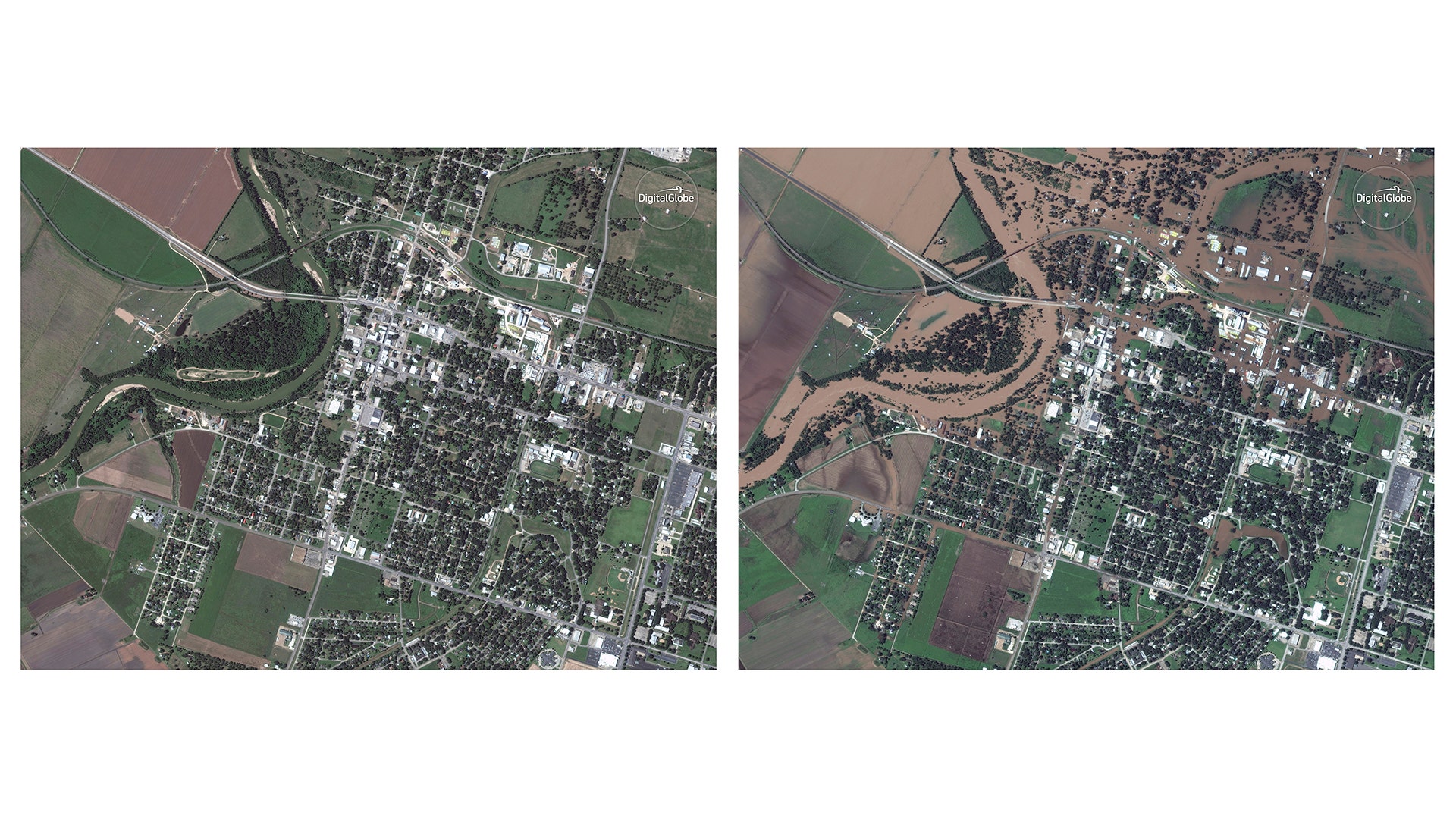 Combination satellite images show Wharton, Texas on Oct. 9, 2016 and Aug. 30