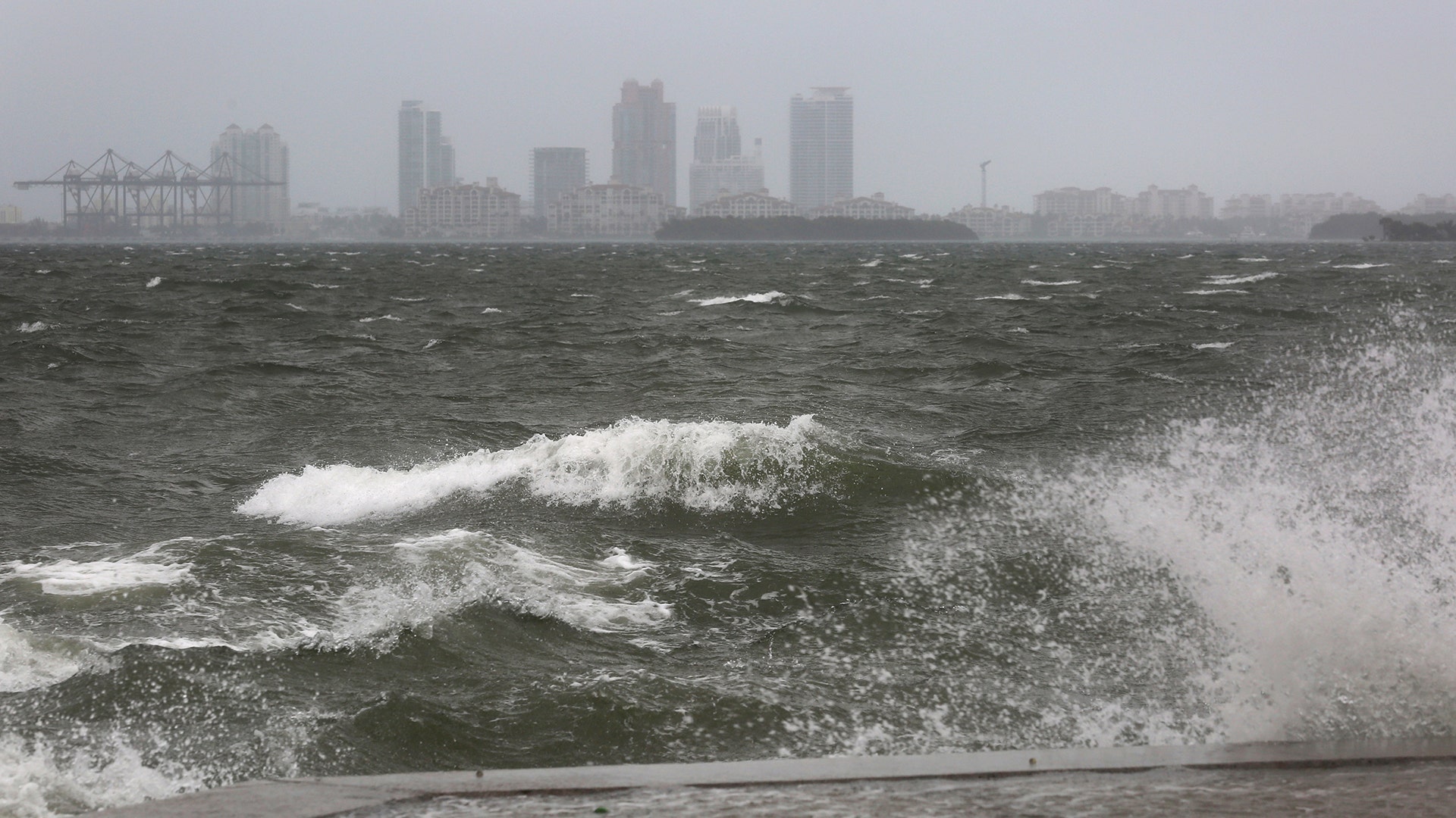 The winds and sea are whipped up off of the Rickenbacker Causeway in Miami 