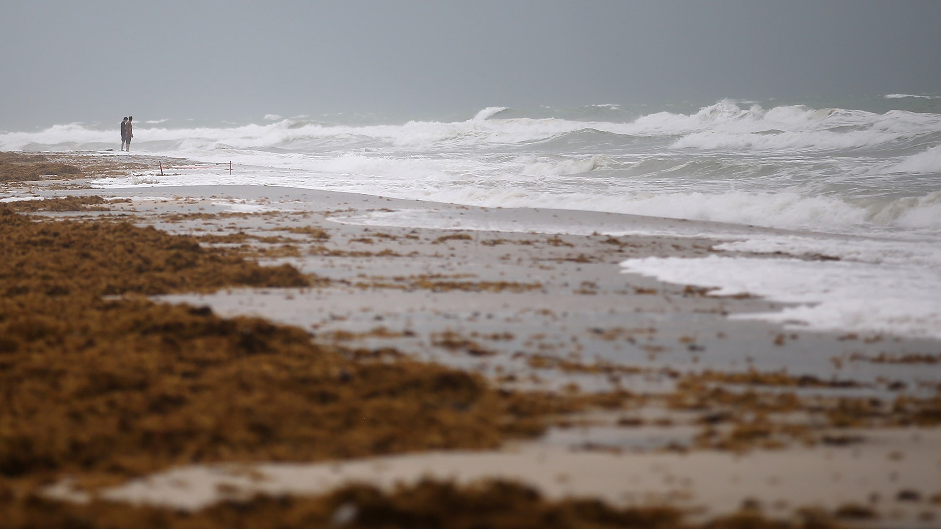 Local residents stand along an empty beach area in South Beach