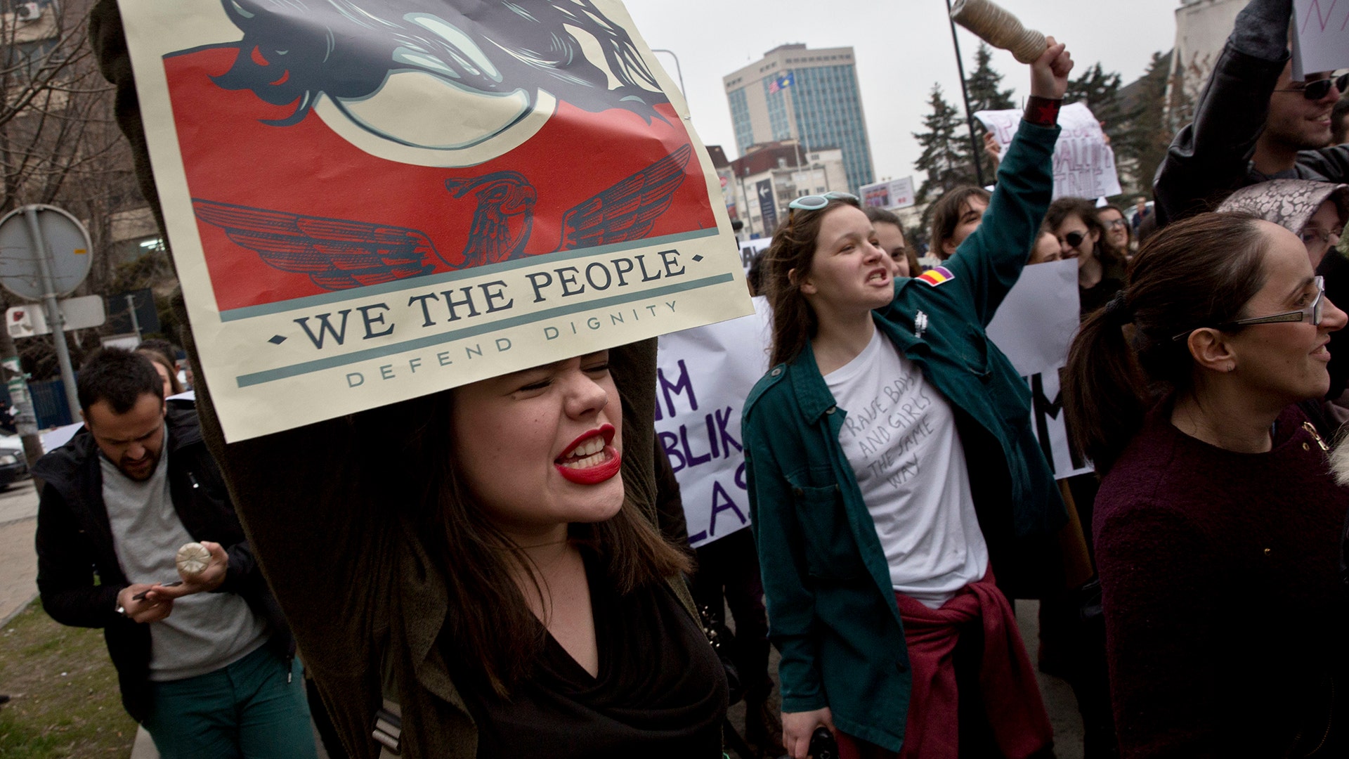 Women march on the occasion of the International Women's Day in Pristina, Kosovo.