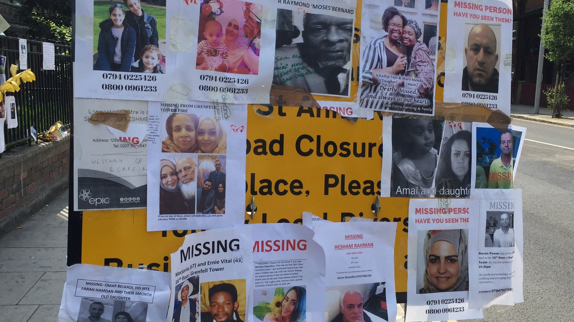 In a flashback to 9/11, photos and names of people still technically “missing” from the London fire are posted. 