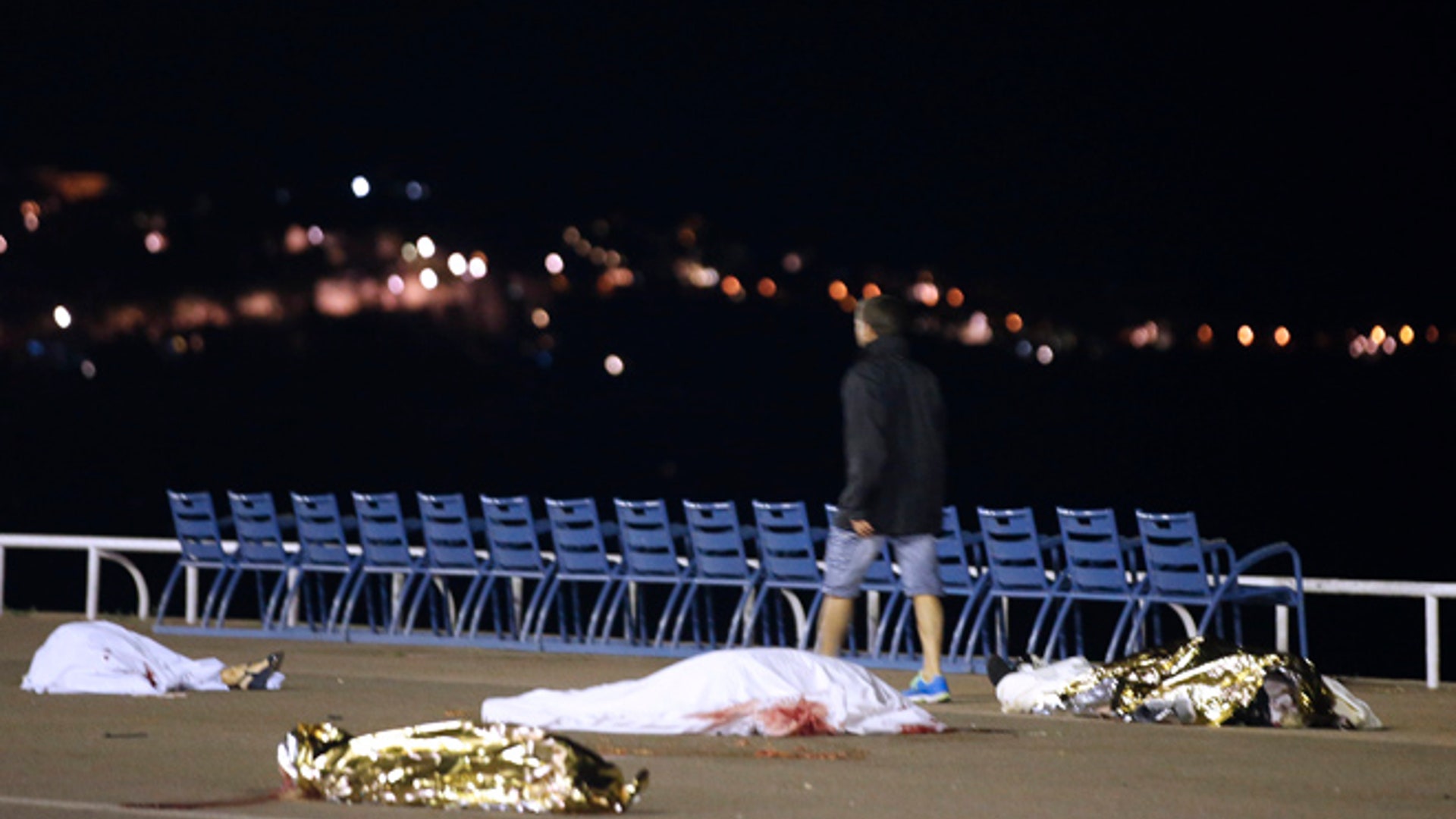 Covered bodies seen after attack in Nice, France. 