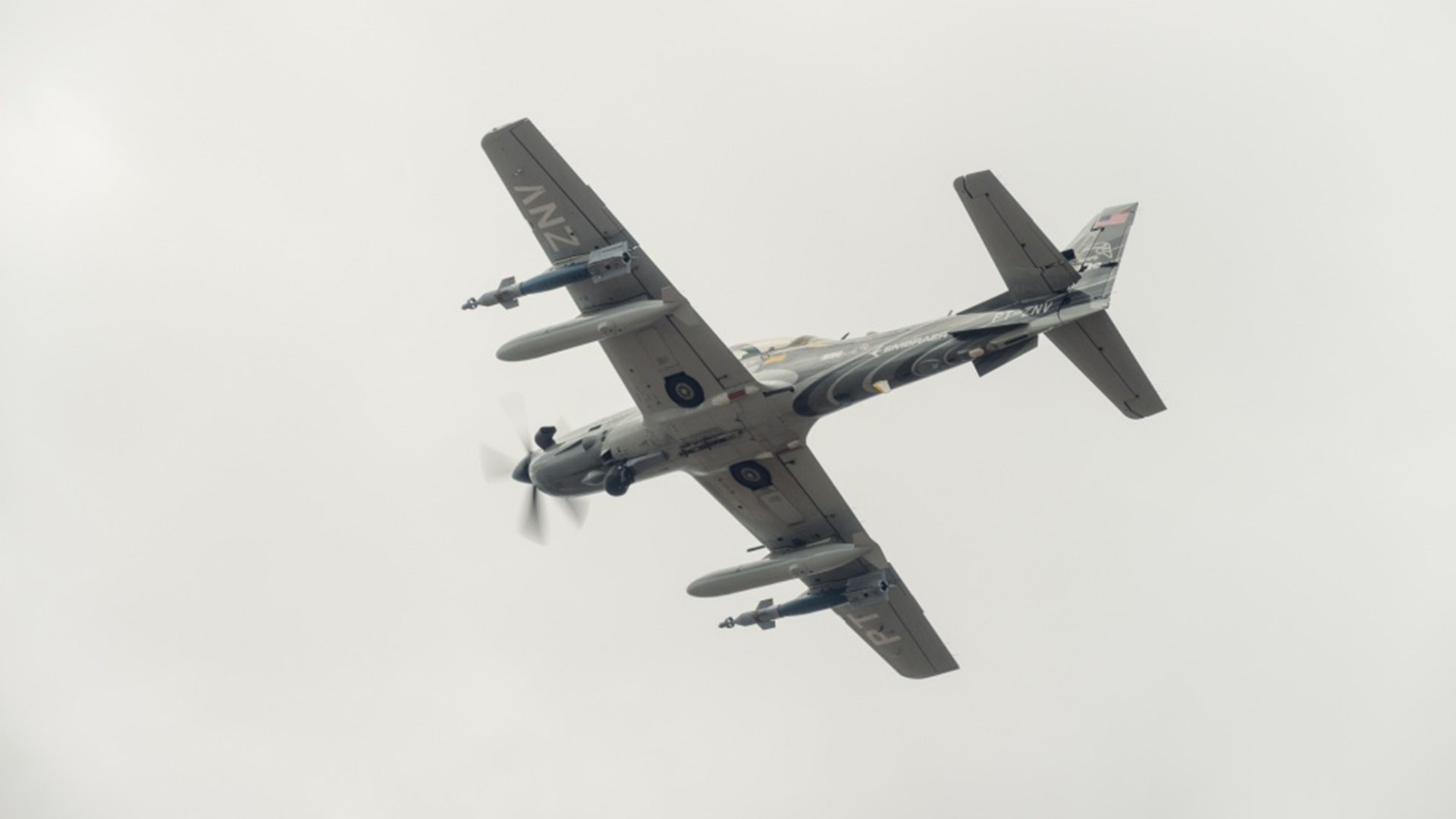 Embraer EMB 314 Super Tucano A-29 experimental aircraft flies over White Sands Missile Range. 