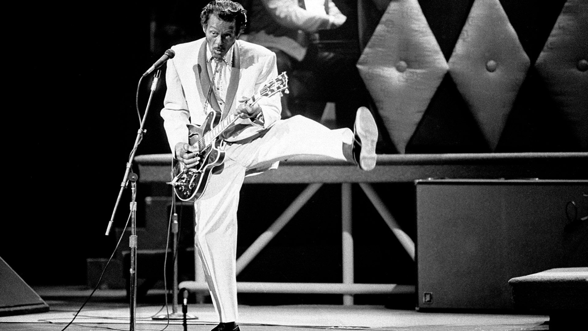 Chuck Berry performs during a concert celebration for his 60th birthday at the Fox Theatre in St. Louis, Mo. on  Oct. 17, 1986.