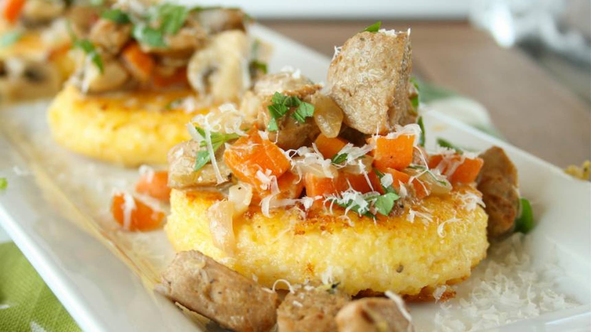 Parmesan Polenta Cakes With Mushroom and Sausage Hash