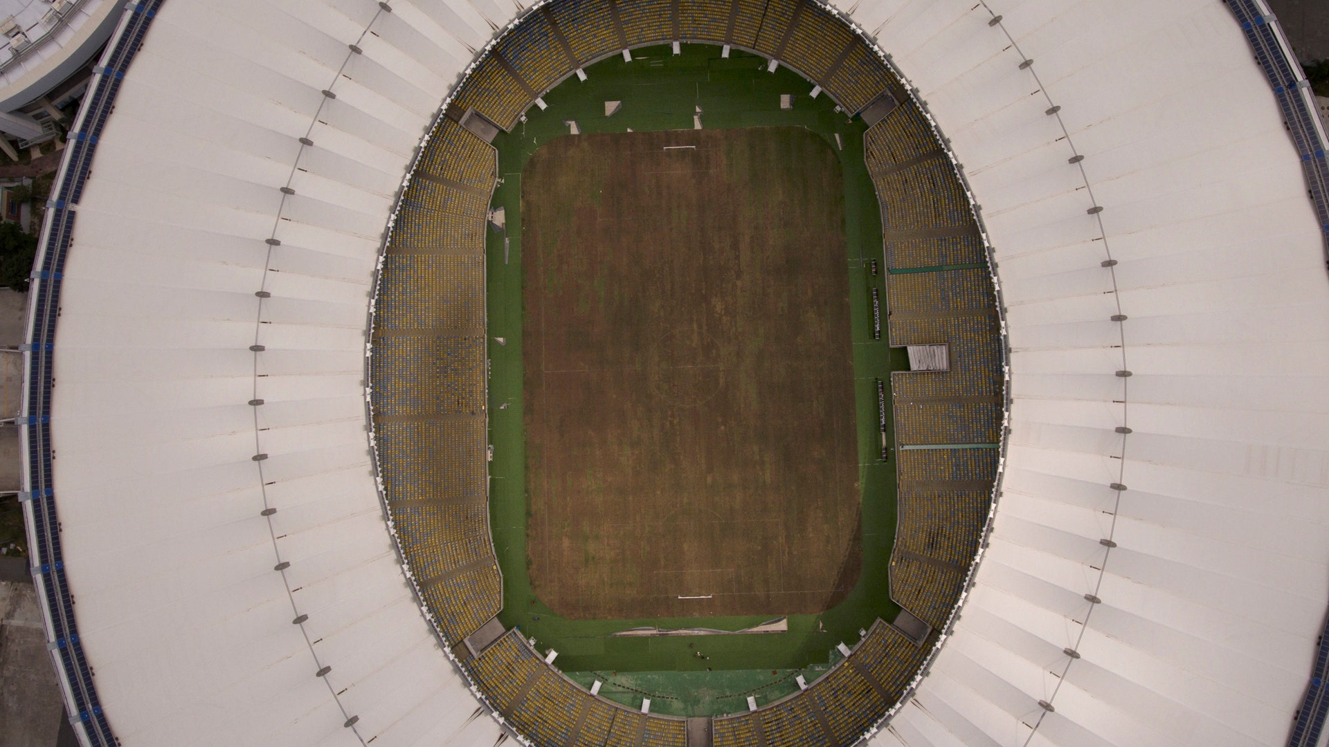 Photo shows Maracana stadium's dry playing field in Rio de Janeiro.
