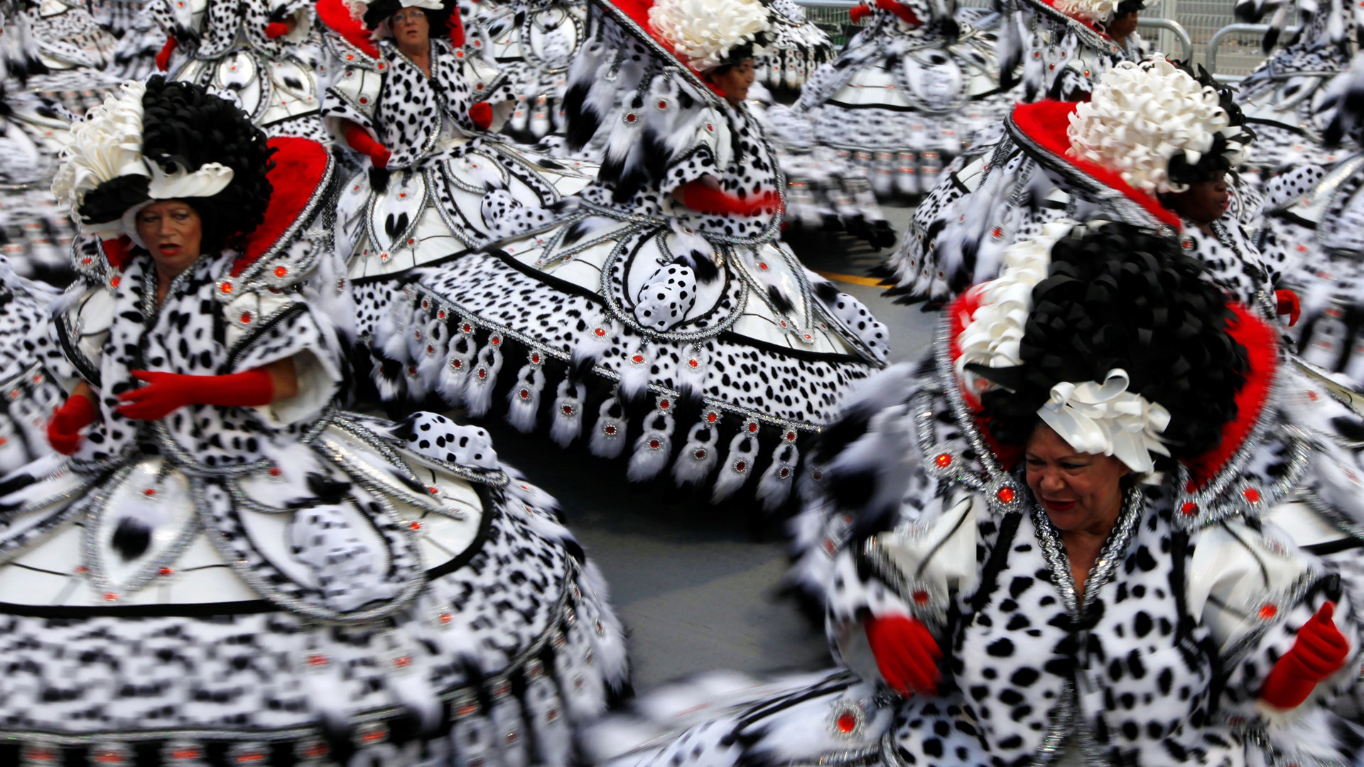 Dancers parade for the Aguia de Ouro samba school in Sao Paulo. 