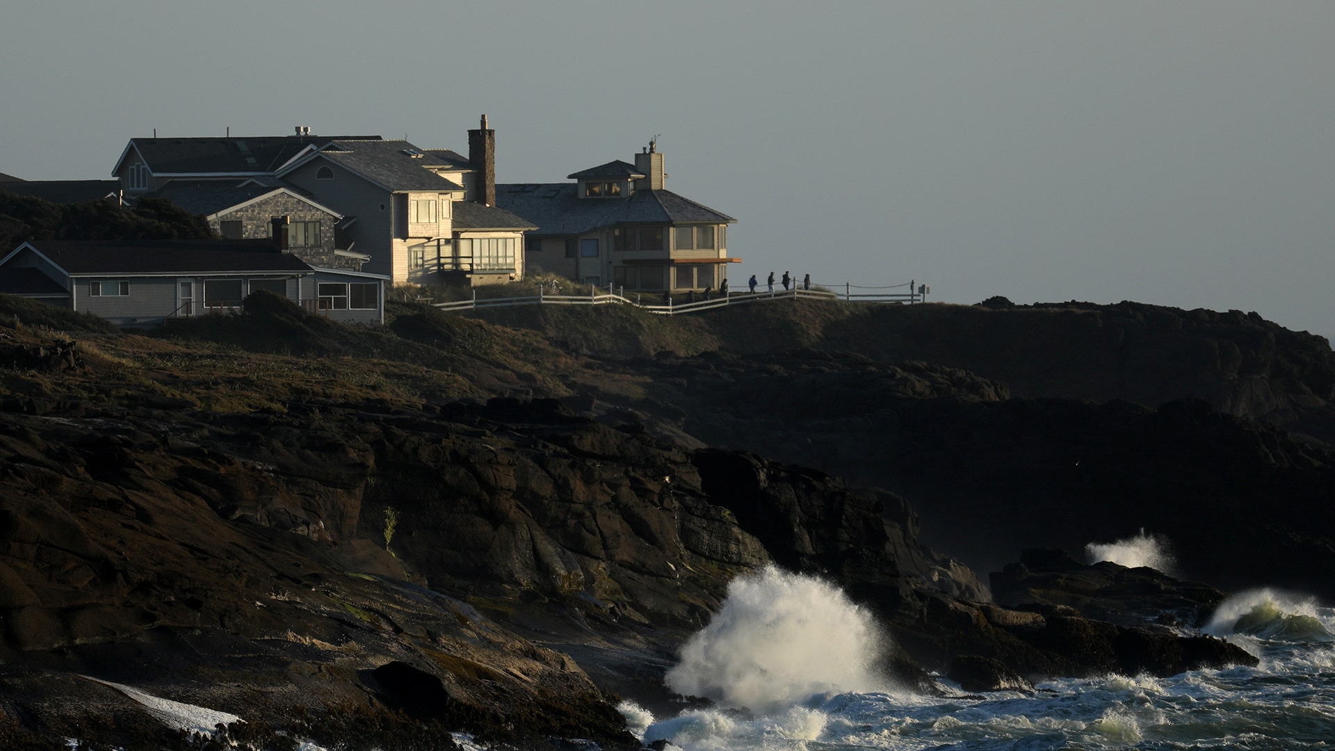Waves crash against the shore line as the small town of Depoe Bay, Oregon, prepares for the coming solar eclipse,  August 19