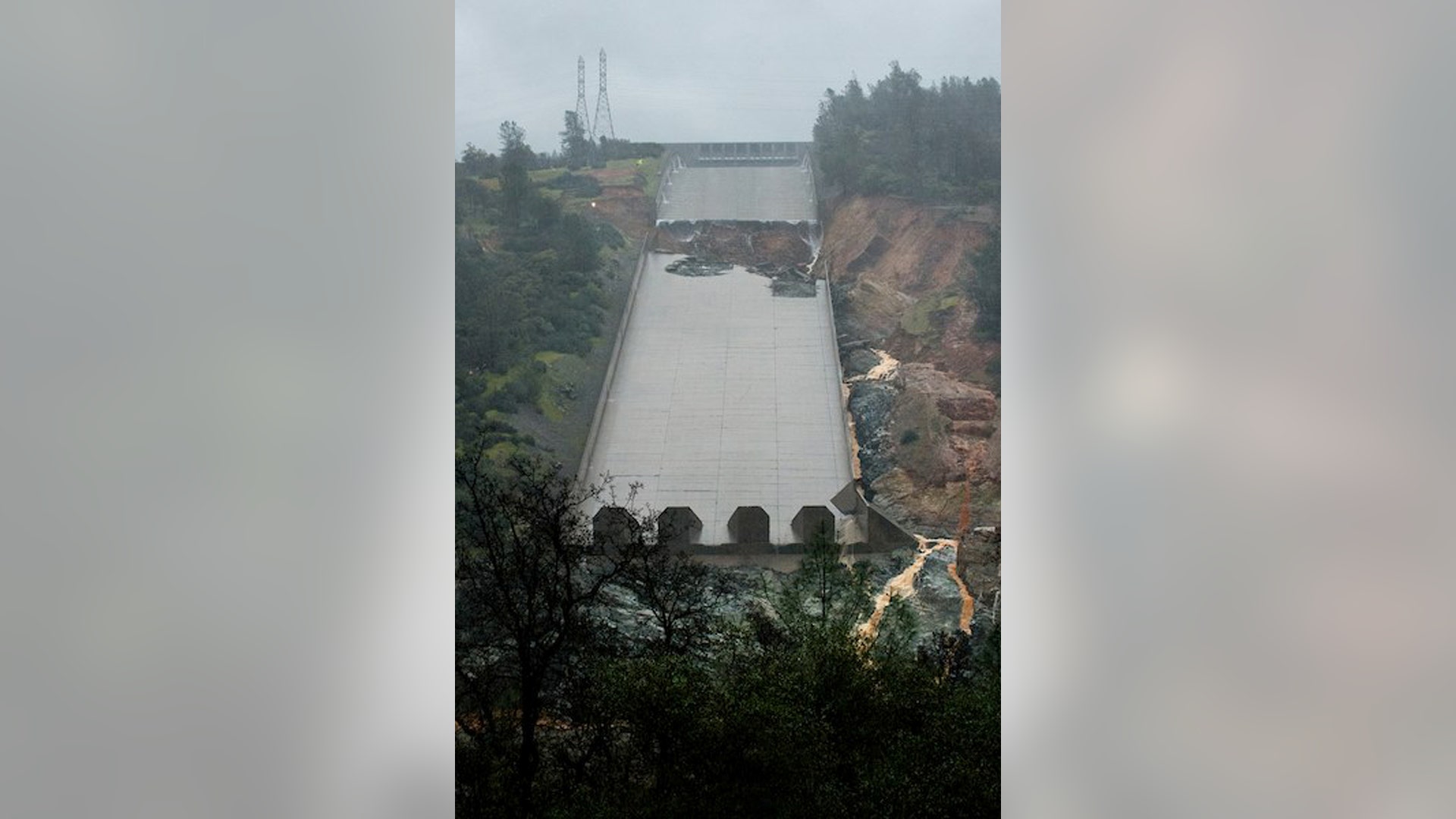 The area of erosion on the lower half of the Oroville Dam spillway.