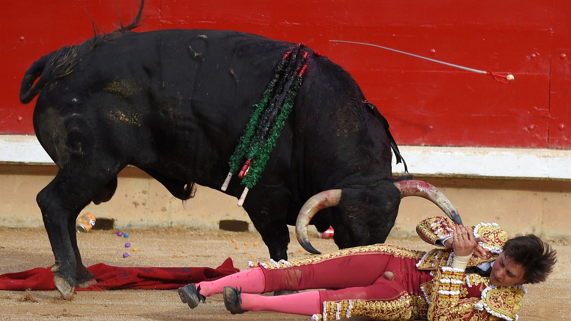 Peruvian bullfighter Andres Roca Rey is gored by a bull during a bullfight at the San Fermin festival in Pamplona.