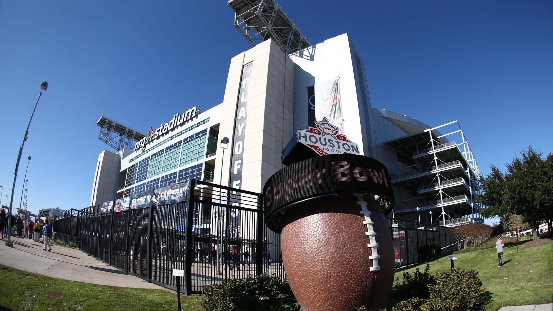 A countdown to Super Bowl LI scrolls outside of NRG Stadium in Houston, TX.