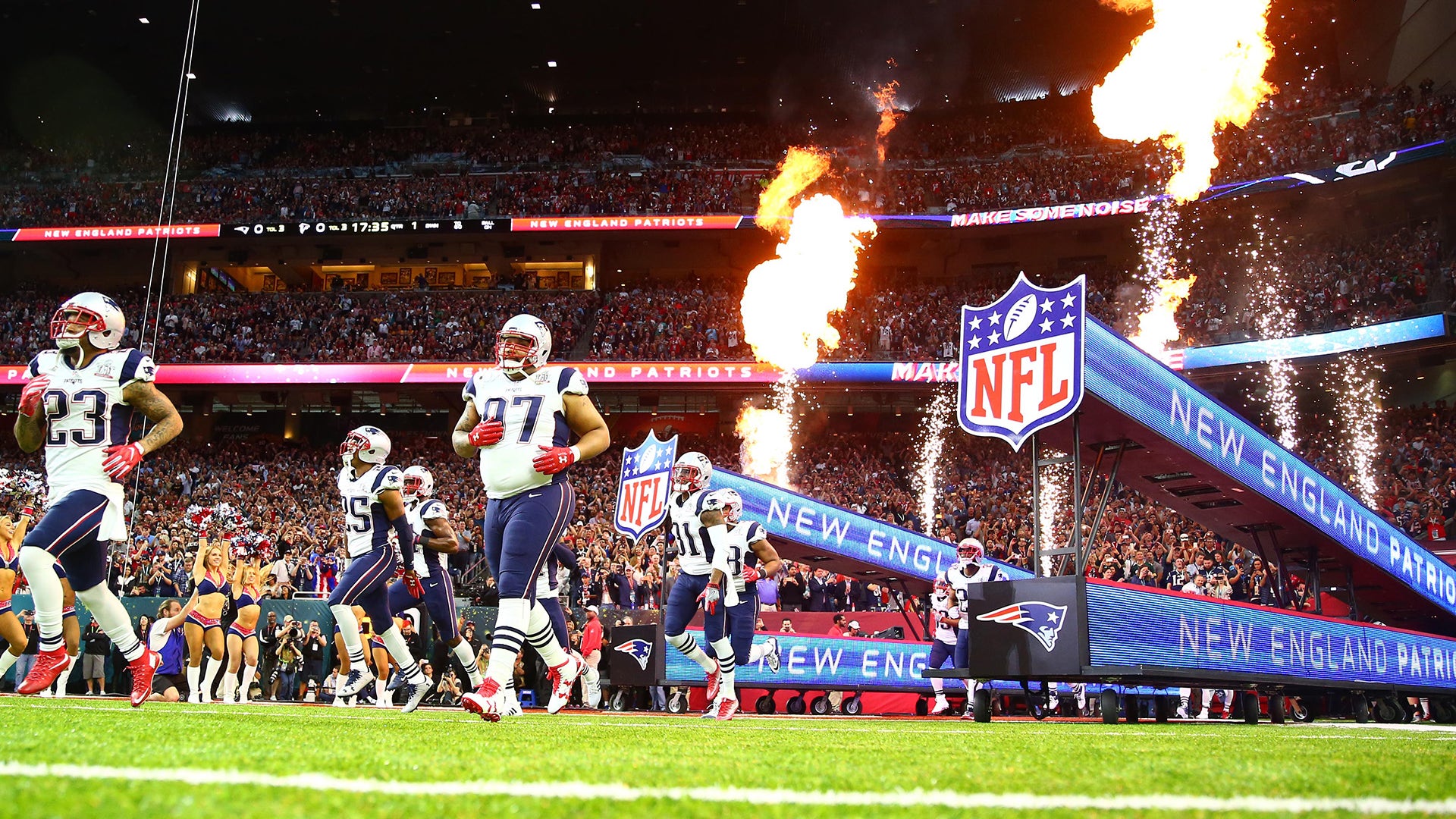 New England Patriots players take the field against the Atlanta Falcons during Super Bowl LI at NRG Stadium. 