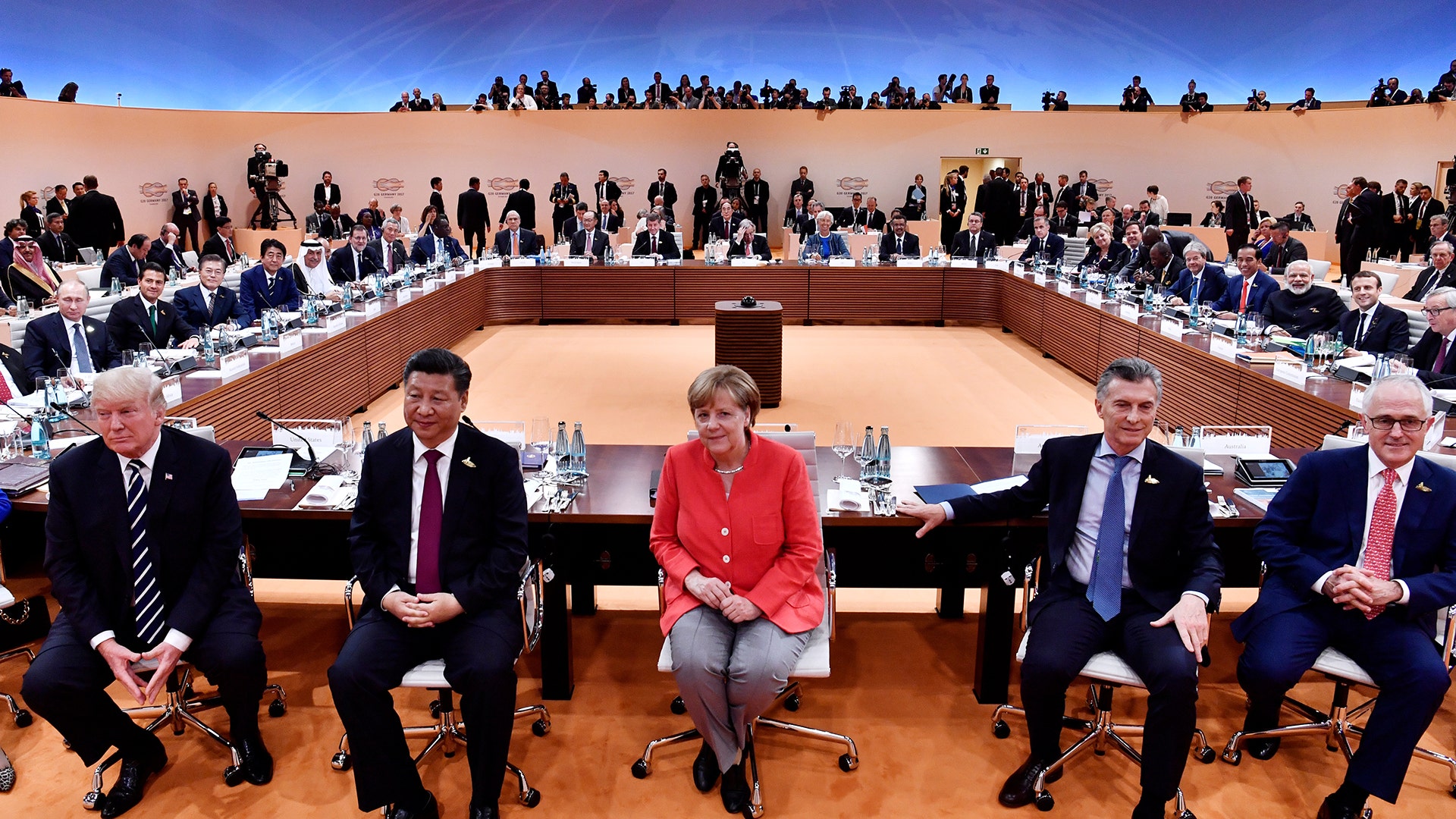 Leaders attend the first working session at the G-20 summit in Hamburg, Germany, July 7, 2017