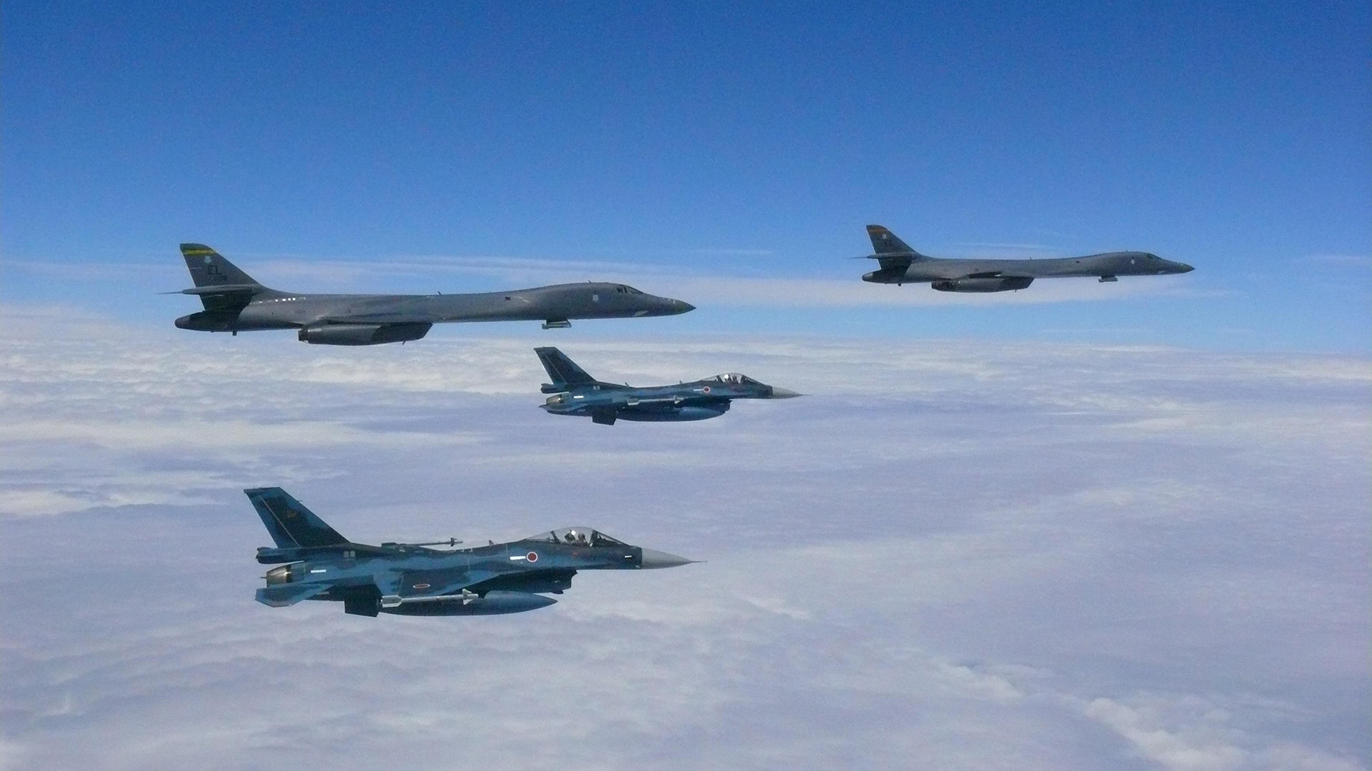 U.S. Air Force B-1B joined by Japan Air Self-Defense Force fighter jets. 