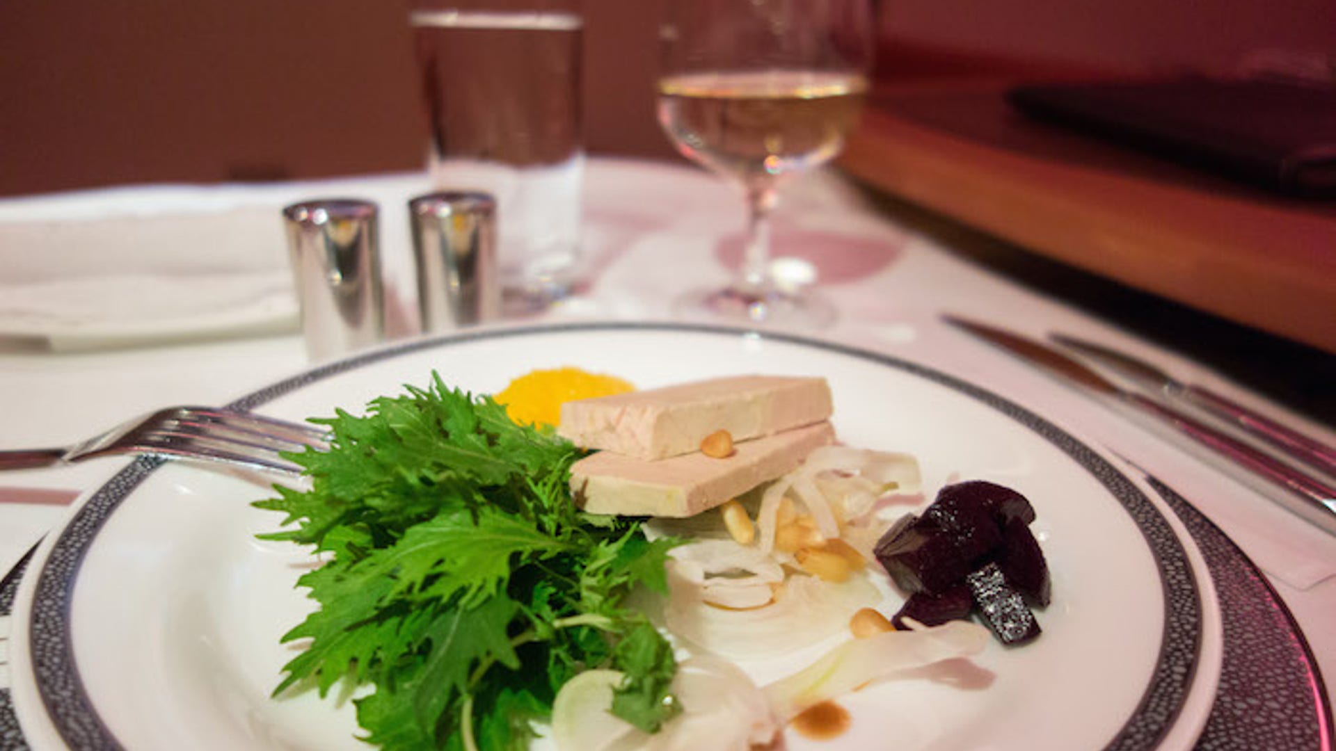 Duck foie gras with shaved fennel-orange salad, beetroot and mizuna