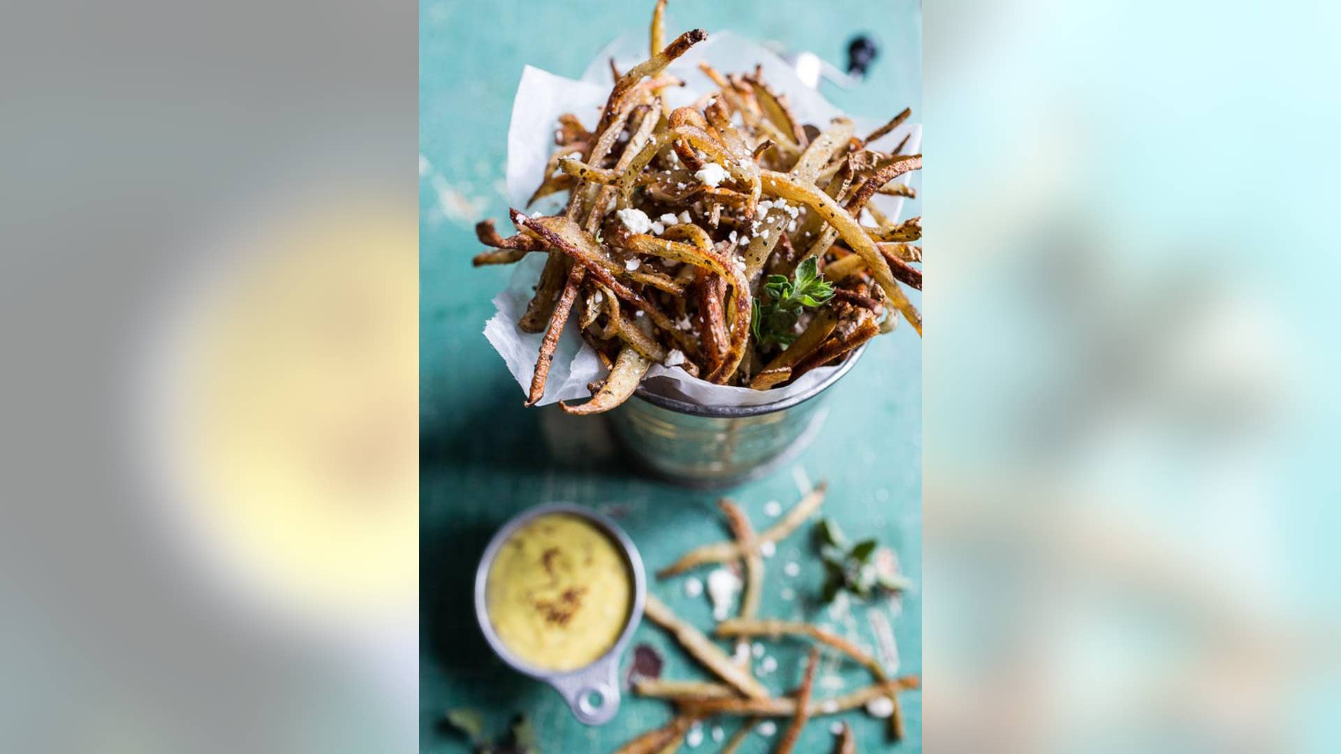 Skinny Greek Feta Fries With Roasted Garlic Saffron Aioli