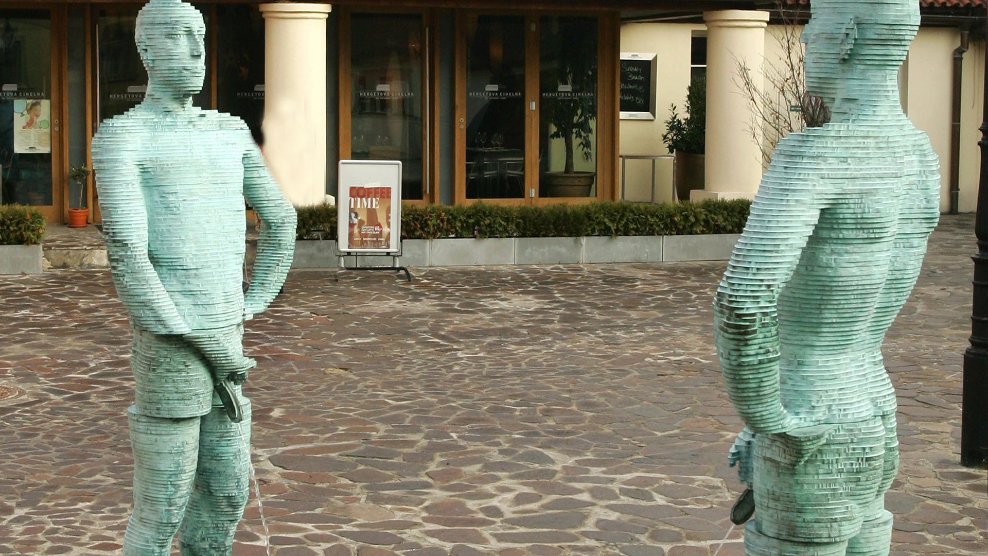 When this sculpture was unveiled outside the Franz Kafka Museum in Prague back in 2004, a real pissing match ensued…literally. Named “Proudly” by artist David Cerny, the sculpture of two serrated bronze figures urinating at each other is better known to the world as “Peeing Guys” and has stirred controversy ever since.